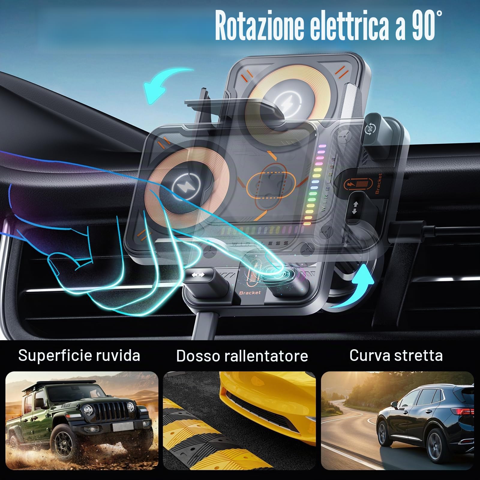OBEST Supporto per telefono da 15 W, con funzione di ricarica, magnetico senza fili, con clip di ventilazione, girevole telescopico motorizzato con rilevamento automatico per iPhone e Android