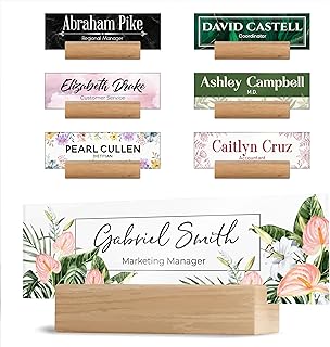 Acrylic Desk Name Plate Personalized with Wooden Base - 28 Backgrounds - Custom Name Plate for Desk, Office Decor, Teacher Appreciation Gifts