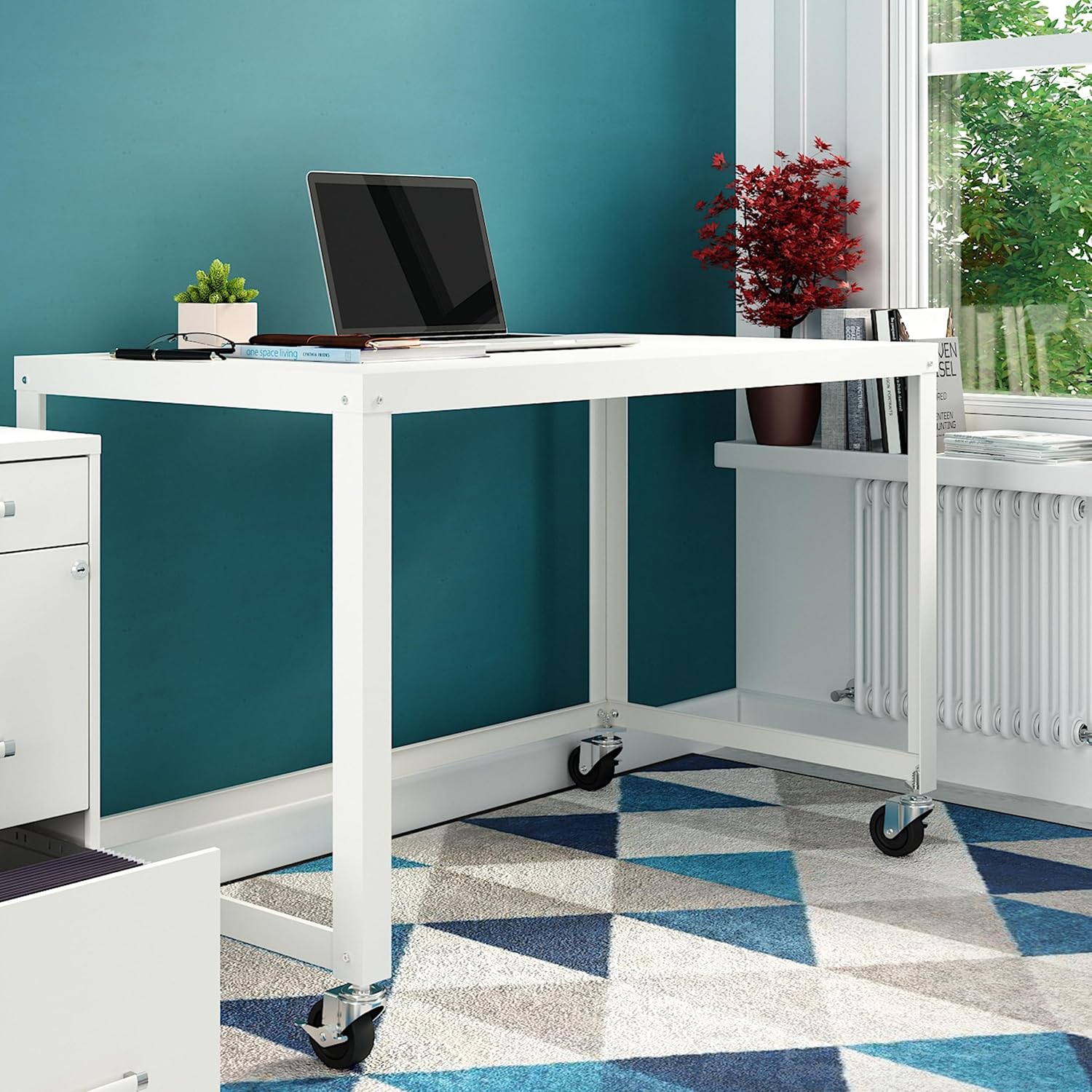 Space Solutions Modern Metal Computer Writing Desk Workstation, Mobile, White, 48" Wide, Home Office Collection, Easy Assembly