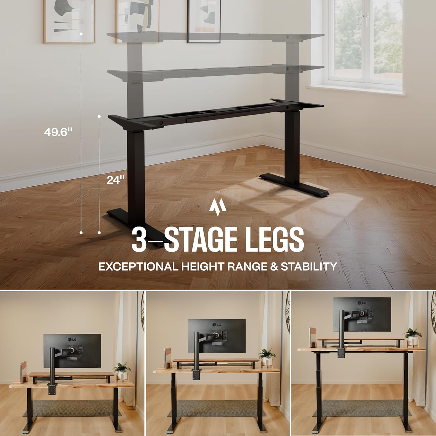 COREMINDED Dual Motor Standing Desk Frame – Heavy Duty, Powerful, 3 Stages Electric Height Adjustable Stand Up Desk Frame for Workstations with LCD Controller & Extras (Black)