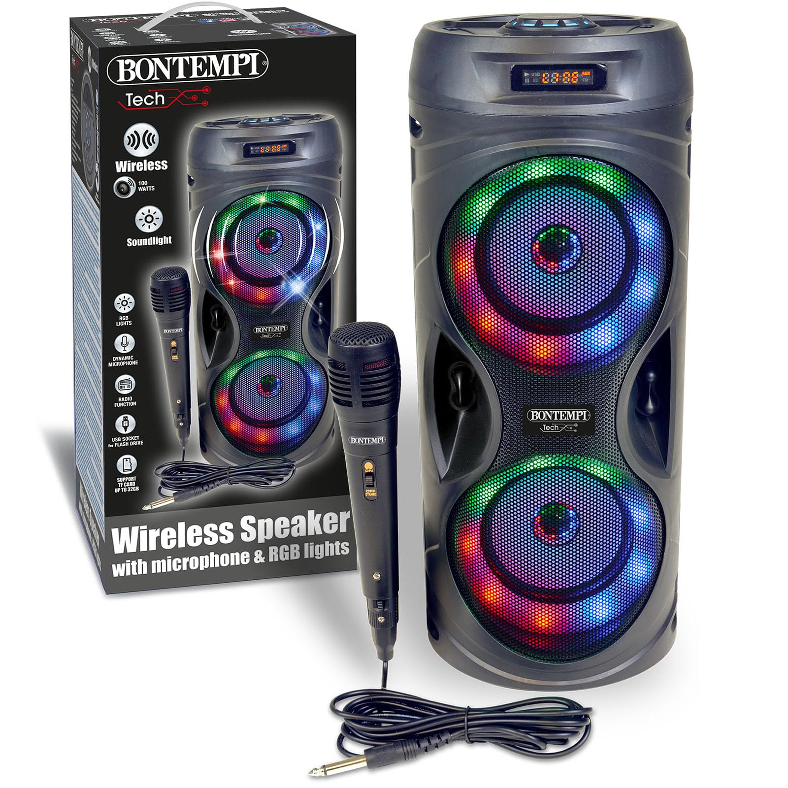 Bontempi | SonicSync - Amplificatore Wireless Karaoke con Microfono Dinamico, Effetti Luminosi, Regolatore Alti e Bassi, TWS ed Effetto Eco, 41,4x18,8x18,8 cm