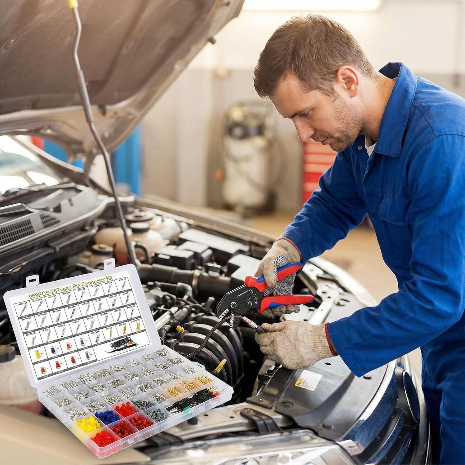 Automotive Pin Connectors Kit - 28 Types 969pcs Electrical Terminal Pins Kit with Crimp Tool Male&Female Wire Connector Terminal Wire Harness, 1/1.5/1.8/2.2/2.3/2.8/3.5mm
