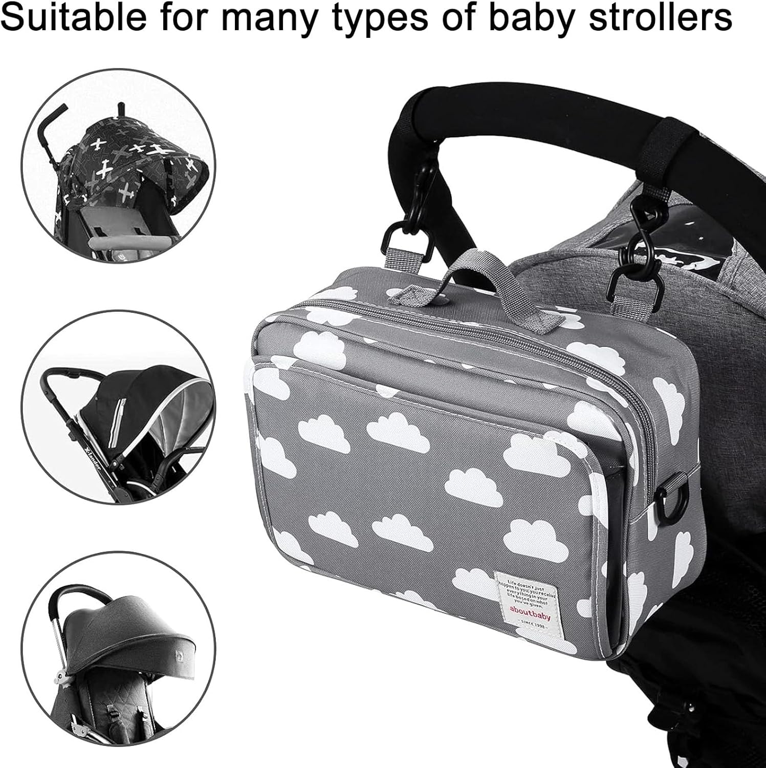 コンパクトベビーカーオーガナイザー フック付き マルチポケット ミニおむつバッグ 赤ちゃん用 ユニバーサルフィット 耐久性 スモールおむつバッグ、ベビーカーオーガナイザーバッグ、断熱ポケット、ベビーカーフックと調節可能なストラップ付き、ユニバーサルミニおむ