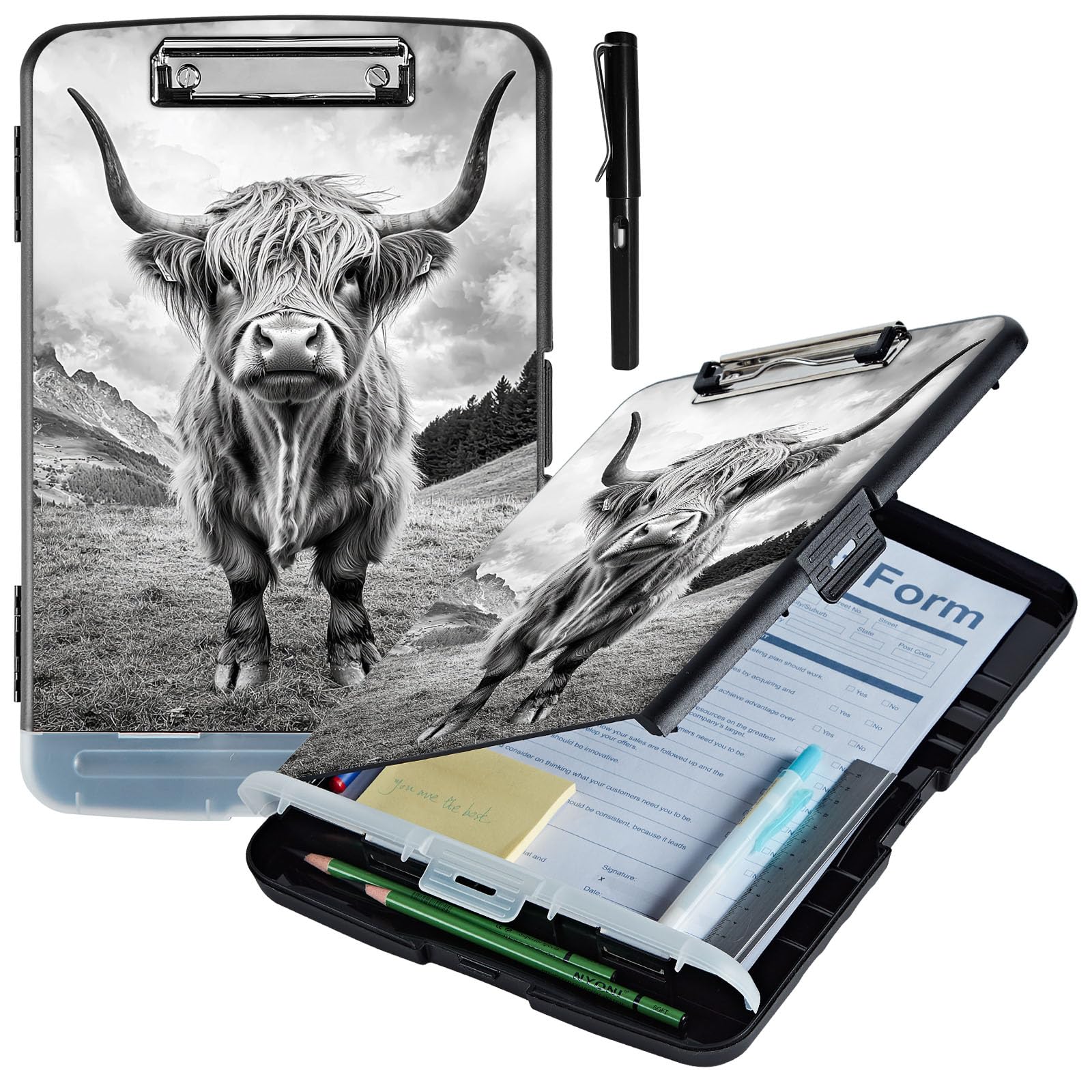 ACWDMKH Clipboard with Storage,Plastic Storage Clipboard with Low Profile Clip,Heavy Duty High Capacity Clip Boards with Pen Holder & Pencil,Teacher Must Haves,Office Supplies,Black Highland Cow — image 1