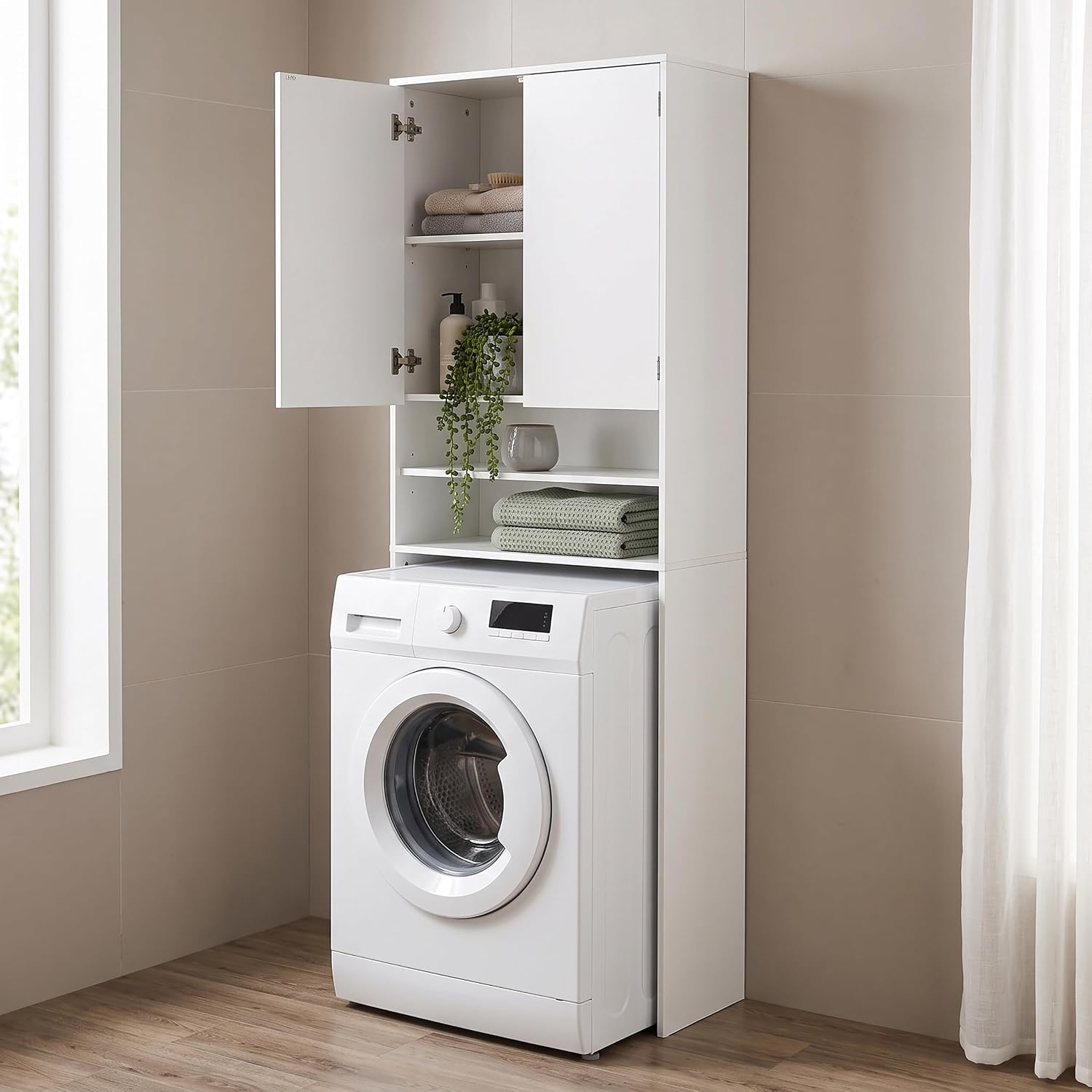Diagram showing the dimensions of the white storage cabinet: 174 cm height, 63.5 cm width, and 30 cm depth.