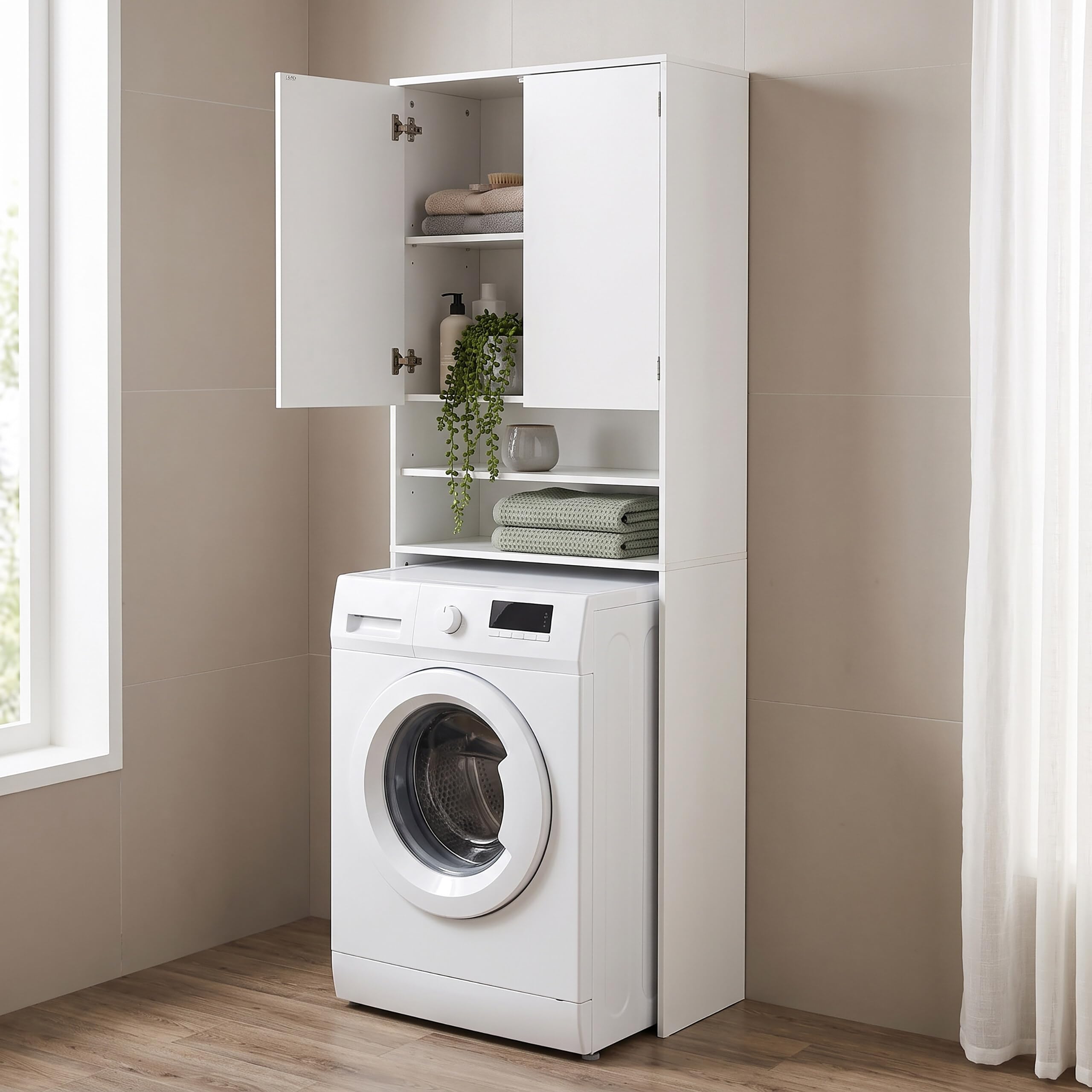 Relaxdays Waschmaschinenschrank, 4 Fächer, Regal über Waschmaschine, Trockner, Toilette, HxBxT: 174 x 63,5 x 30 cm, weiß
