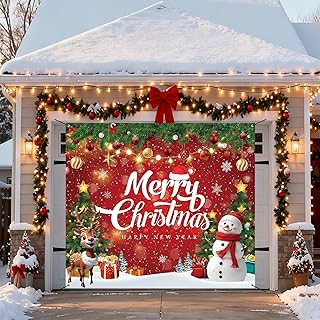 7x8ft Christmas Garage Door Cover, Christmas Garage Door Decorations Merry Christmas Garage Door Cover Snowman Backdrop Xmas 2 Single Garage Door Wall Decorations for Outdoor Indoor