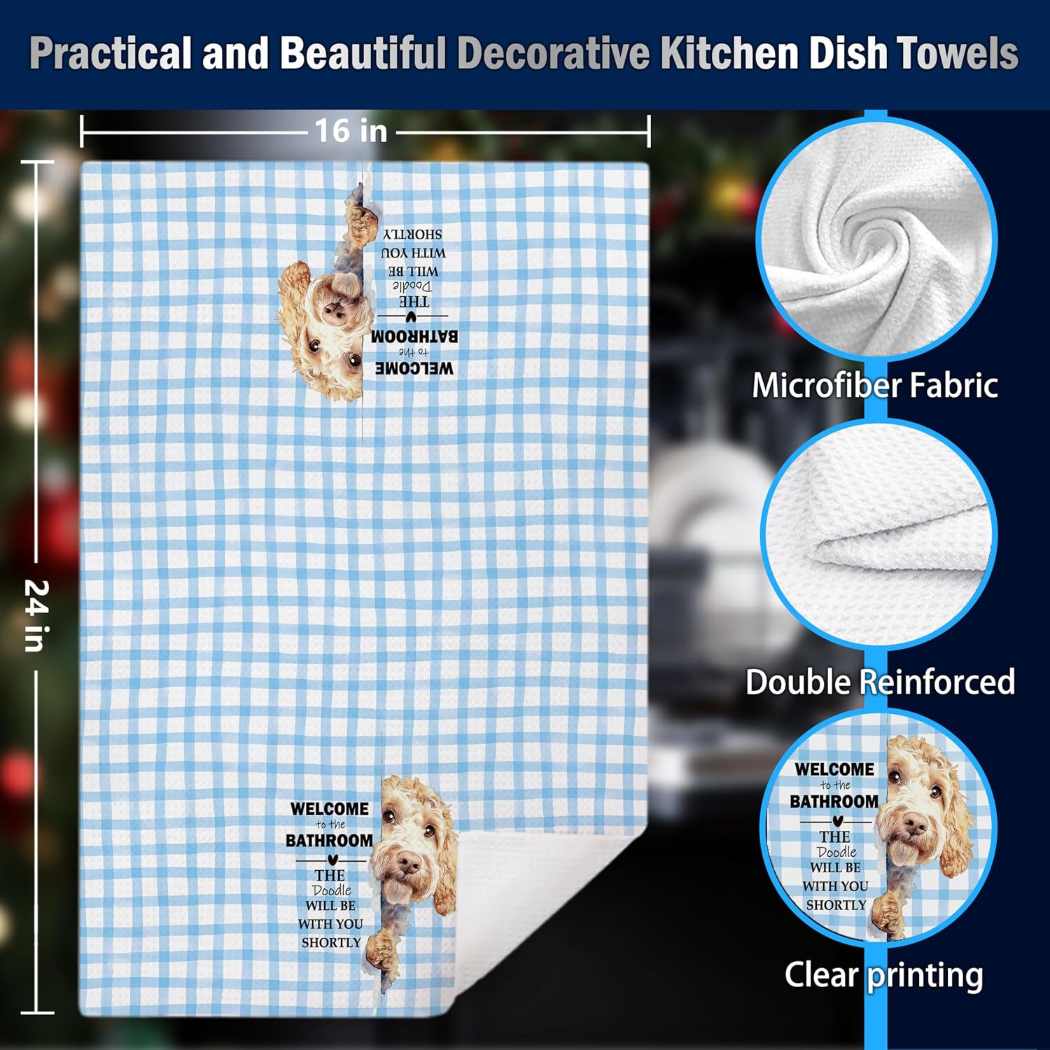 Funny Golden Doodle Bathroom Hand Towels, Goldendoodle Gifts for Women, Blue Preppy Plaid Striped Doodle Decorative Hand Tea Towels for Washroom Restroom Toilet, 16x24 Inches Set of 2 image 2