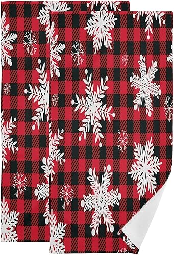 ALAZA Juego de 2 toallas de mano de copos de nieve de Navidad, suaves, absorbentes, decorativas, color rojo y negro, a cuadros, para baño, gimnasio,