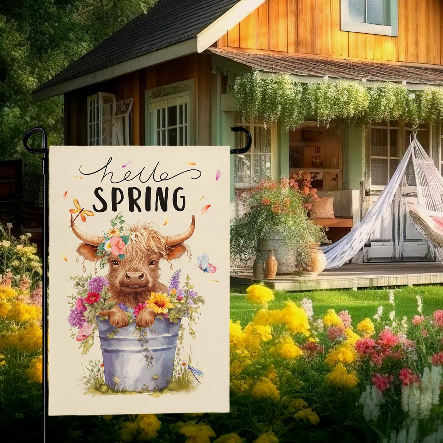 Hello Spring Garden Flag Highland Cow Polyester Yard Flag Double Sided Vertical 12x18 Inch Farmhouse Butterfly Floral Garden Flags Rustic Daisy House Banner for Seasonal Outdoor Decoration - Image 9