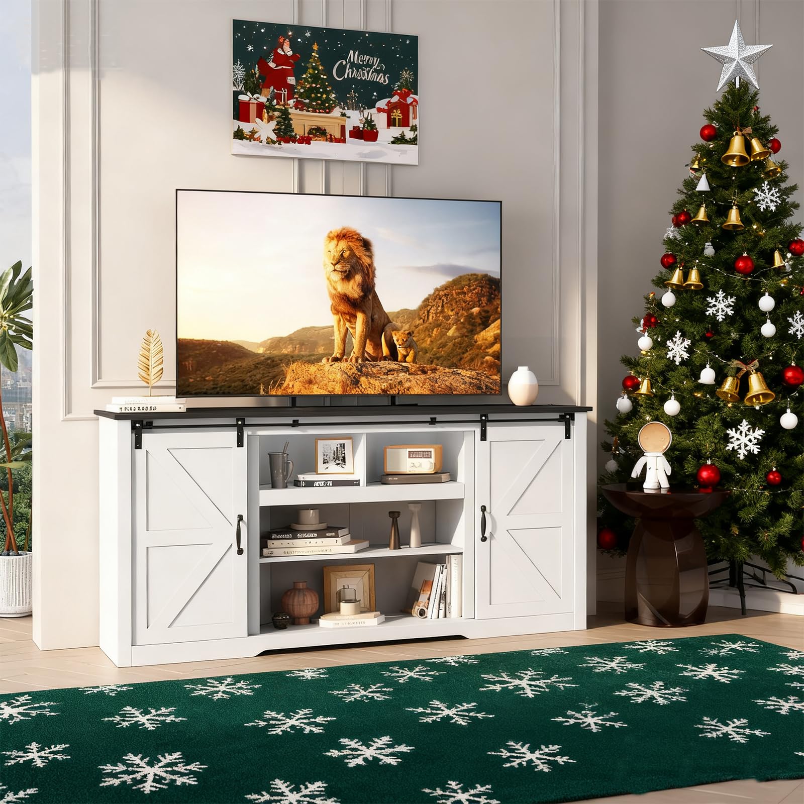 GarveeHome 70" Farmhouse TV Stands for 80-85" TVs, Rustic Wooden Entertainment Center with Adjustable Shelves & Sliding Barn Door, TV Console Table