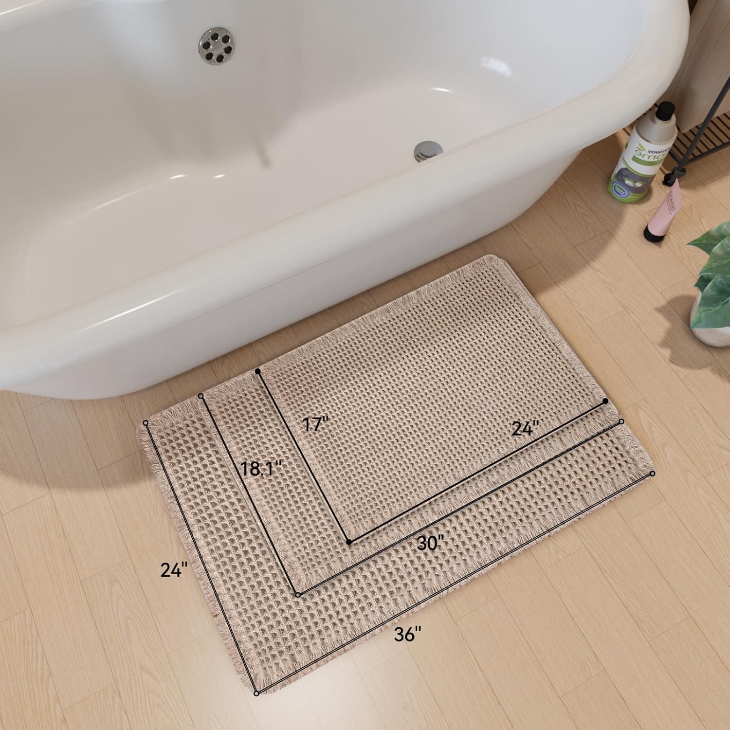 SUMLANS Waffle Bath Mat, Super Absorbent Bathroom Rugs Whit Non Slip Rubber Backing, Ultra Soft Machine Washable Bathroom Floor Mats with Tassels (Brown, 24" x 36")