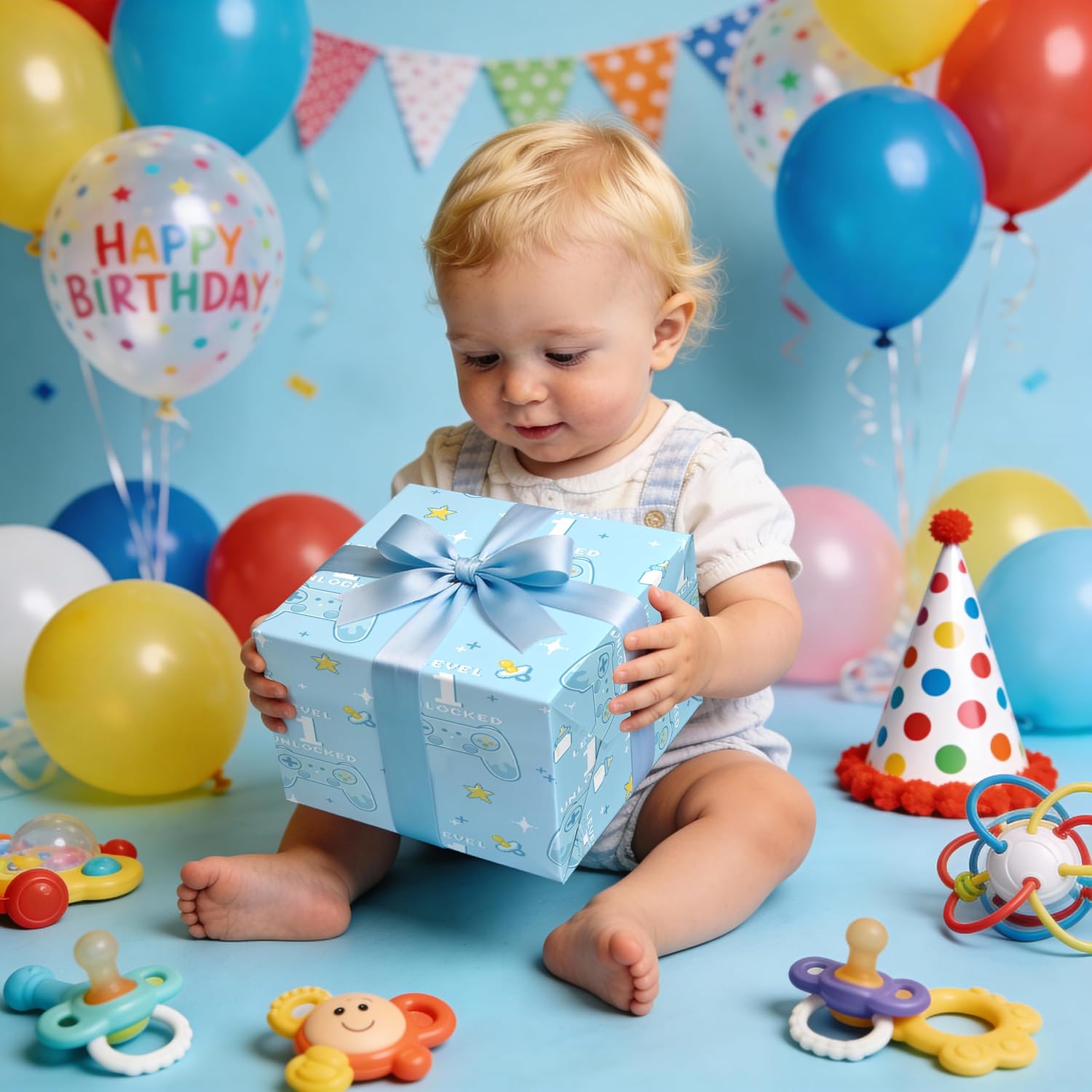 LeZakaa Level 1 Unlocked Baby Wrapping Paper Roll, Blue Controller & Bottle Design Gift Wrap for 1st Birthday Party, Baby Shower Decorations, Newborn Welcome, Mini Roll 17 in x 16.4 Ft image 5