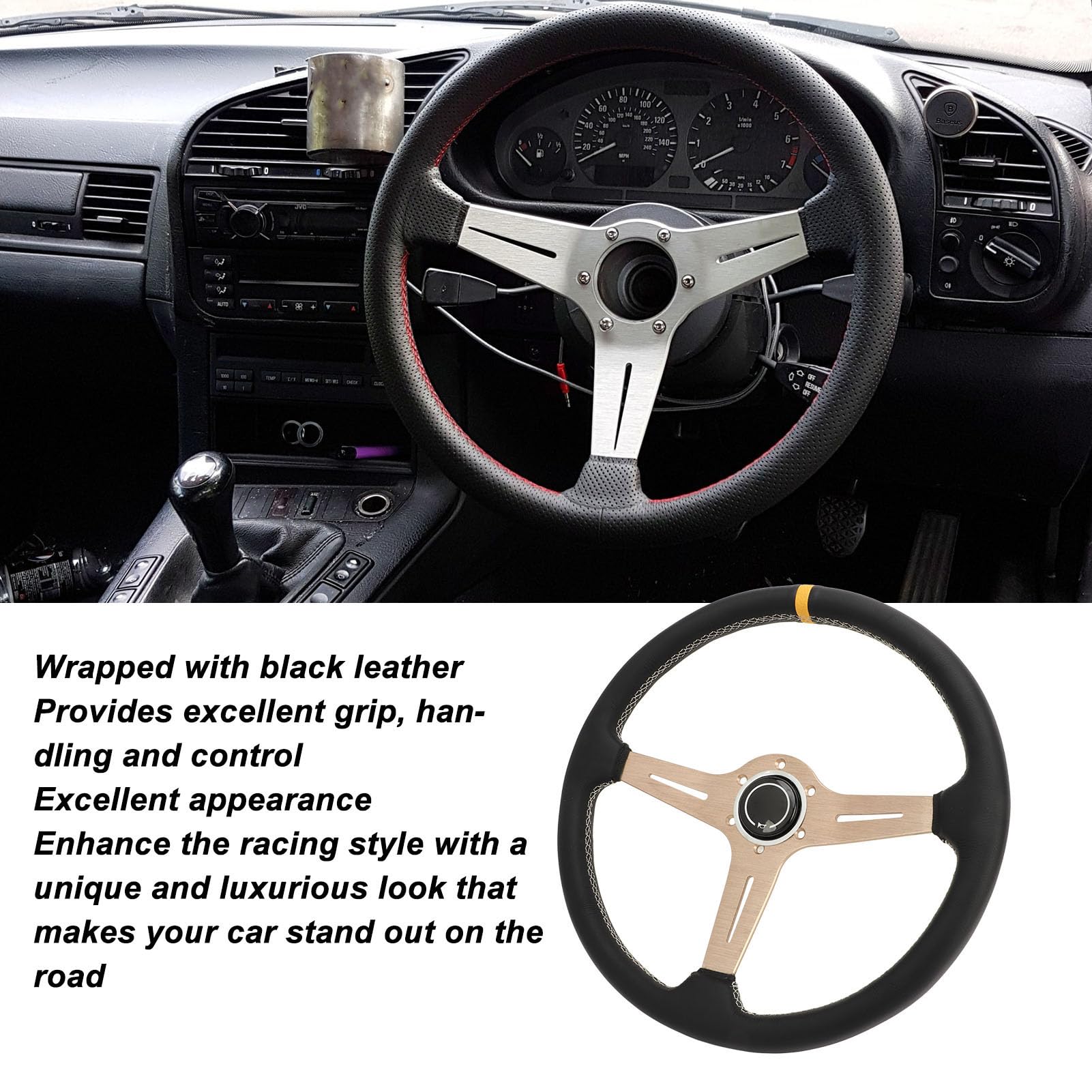 14.5in Volant Cuir Blanc Couture Intérieure Cuivre Couleur Cadre Forte Grip Control Universel pour Voiture Véhicule