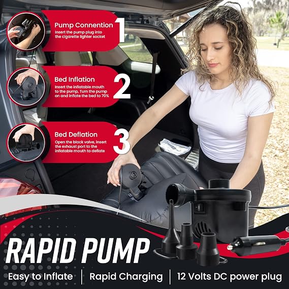 VaygWay Inflatable Car Air Mattress Air Bed w/Pump Kit Back Seat Camping Vacation Blow up Bed Cushion - Sleeping Pad w/ 2 Pillows- 2 Pk Inflatable Car Mattress with Neck Pillow and Ear Plugs
