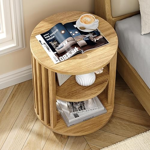 Miniatura 6 de Mesa auxiliar redonda, mesita de noche de madera, mesita de noche moderna de mediados de siglo con estante de almacenamiento abierto, mesas