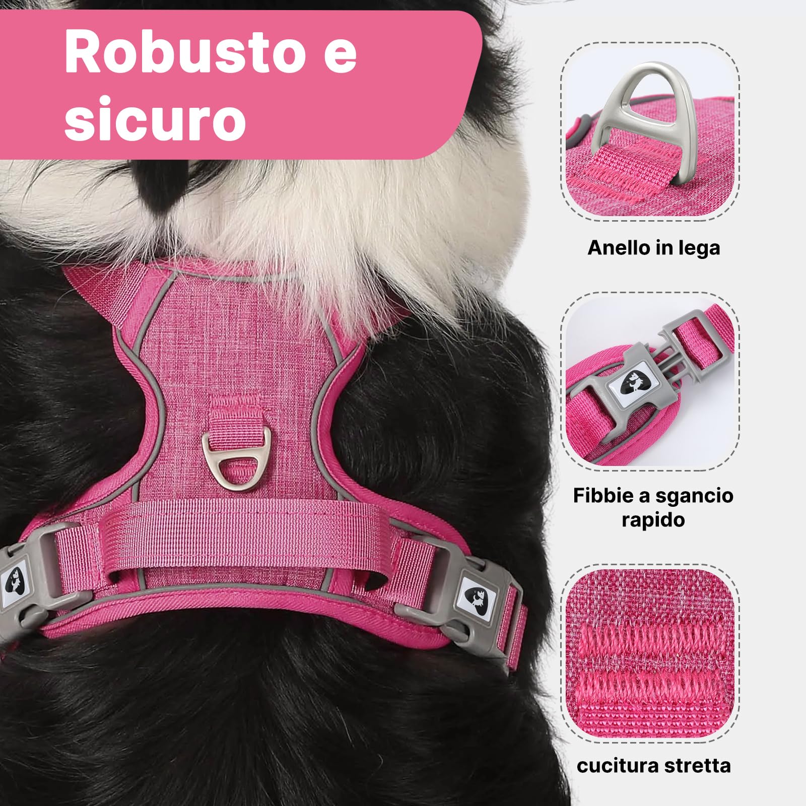 COMSLE Pettorina Cane Taglia Grande Media Piccola, Pettorina Cane ad h Riflettente, Pettorina Anti Tiro per Cani Regolabile con Doppio Anello, Imbracatura Cani Traspirante, Rosa, XL