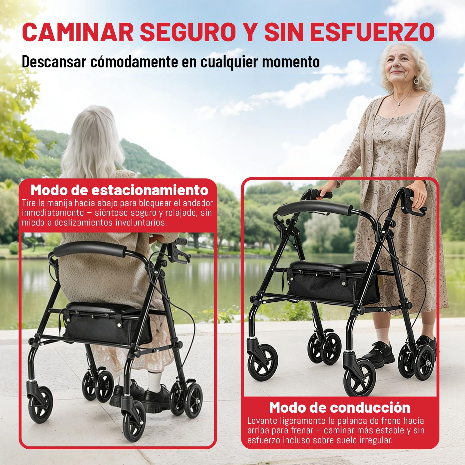 R5 andador ultraligero plegable(con asiento) para ancianos, estructura resistente de acero al carbono, ajuste de altura, sistema de freno/estacionamiento, apto para interiores y exteriores terrenos