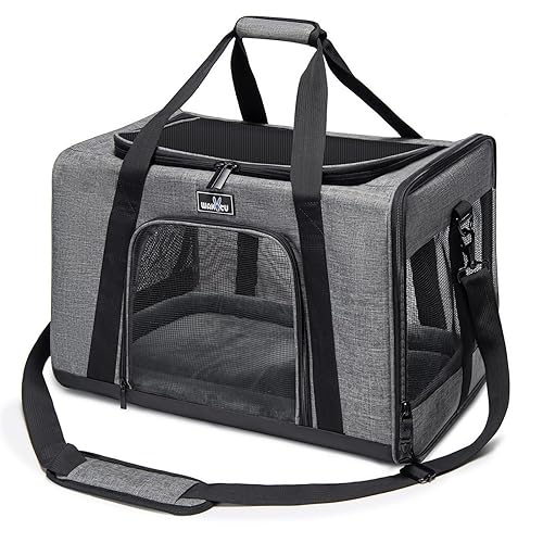 Wakytu Pet Carrier for Small Cats Dogs, Dog Carrier Travel Bag with Adequate Ventilation, 5 Mesh Windows, 3 Entrance, Locking Safety Zippers, Padded Shoulder and Carrying Strap, Medium - 17.7"L x 11.0"W x 11.0"H - 1.0 Grey