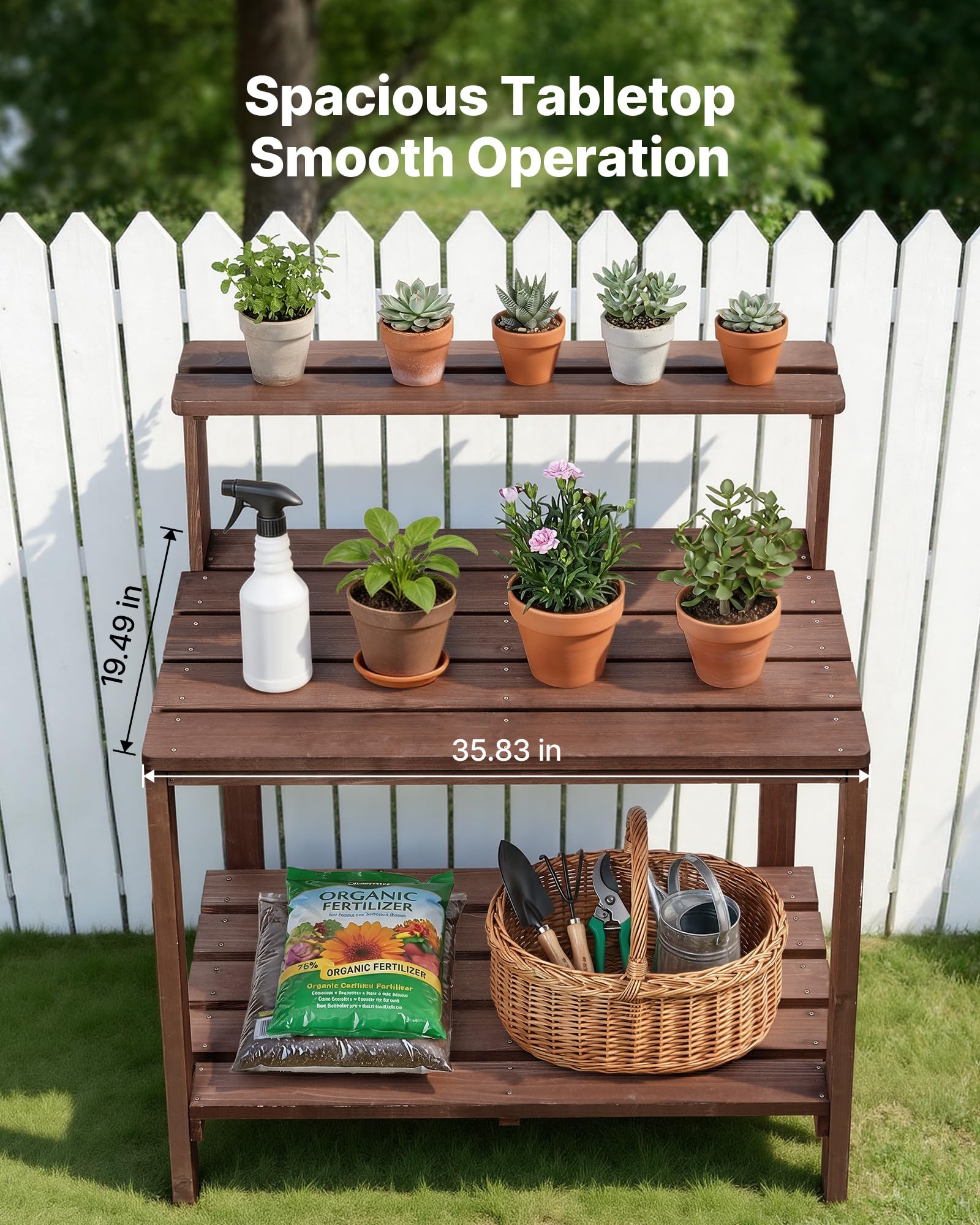 VEVOR Armadietto Banco per Giardinaggio, Postazione di Lavoro per Giardinaggio all'Aperto con Piano in Legno da 91 x 49,5 cm, con Ripiani Portaoggetti, Gancio per Patio Esterno, Cortile, Marrone