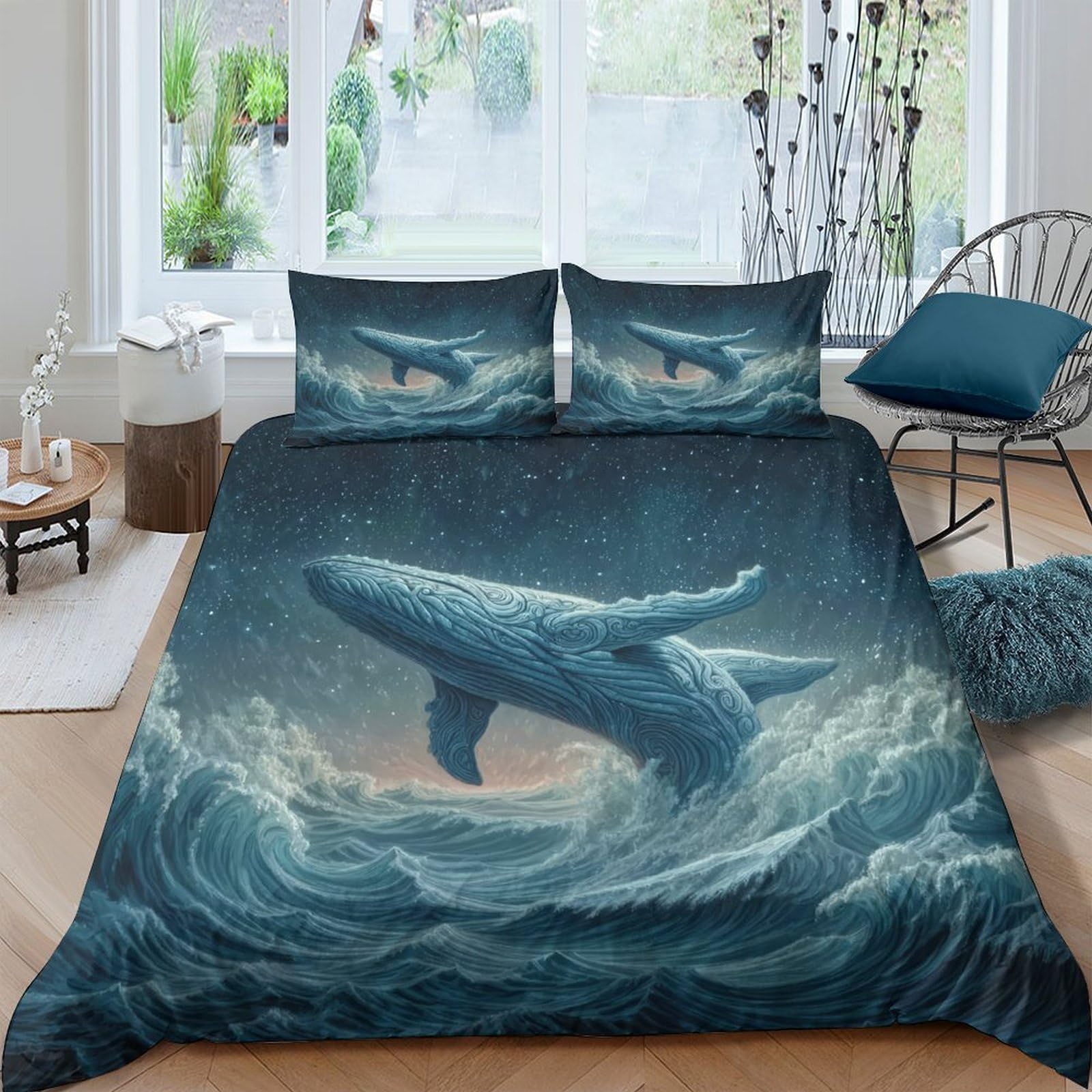Ctjqhvkz Style-8 3D Printed Ocean Whale Fitted Sheet Microfiber Soft Blue Wave Mattress Cover Bedroom Dorm Bed Decor Single（135X200cm）