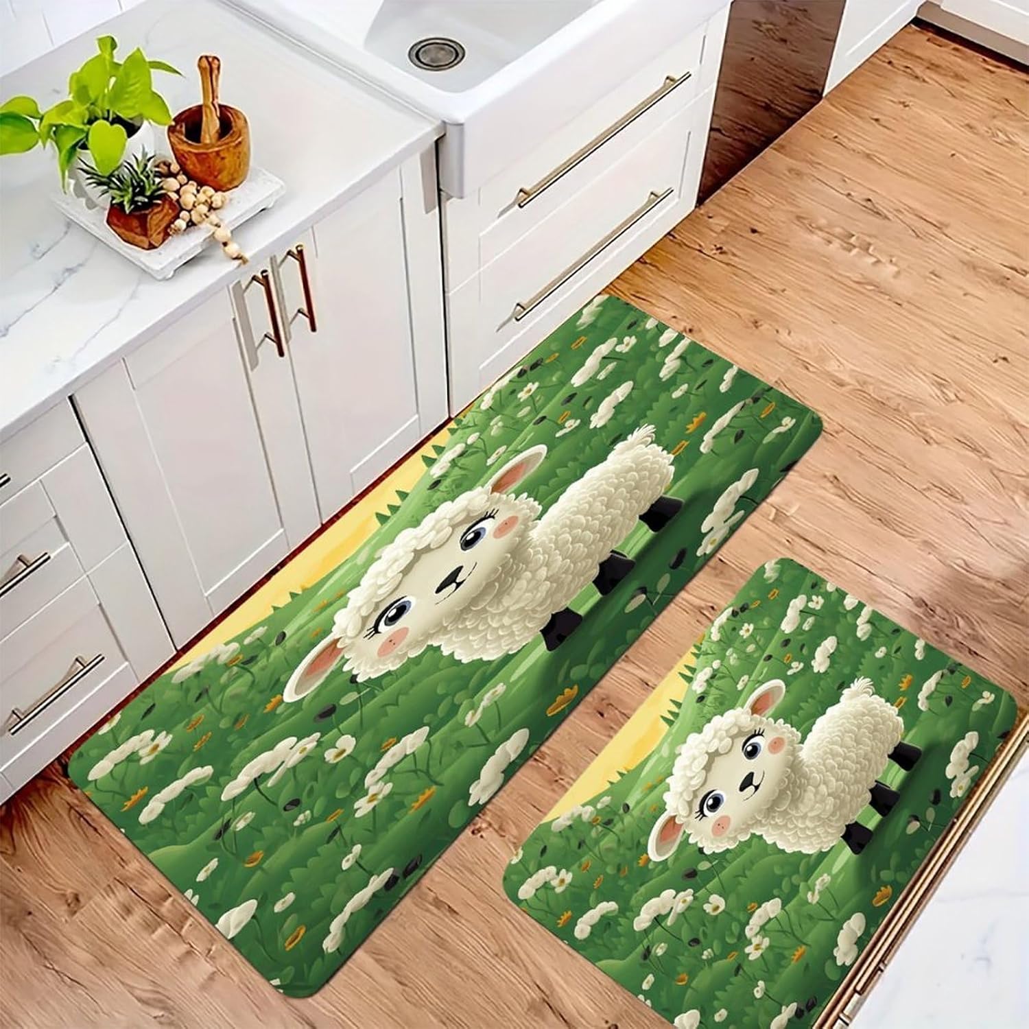 Cute Cartoon Sheep Kitchen Mat Washable Non Slip Rugs Soft Kitchen Mats for Floor Set of 2 PCS Cushioned Absorbent Runner Standing Rugs for Home Sink Laundry Office