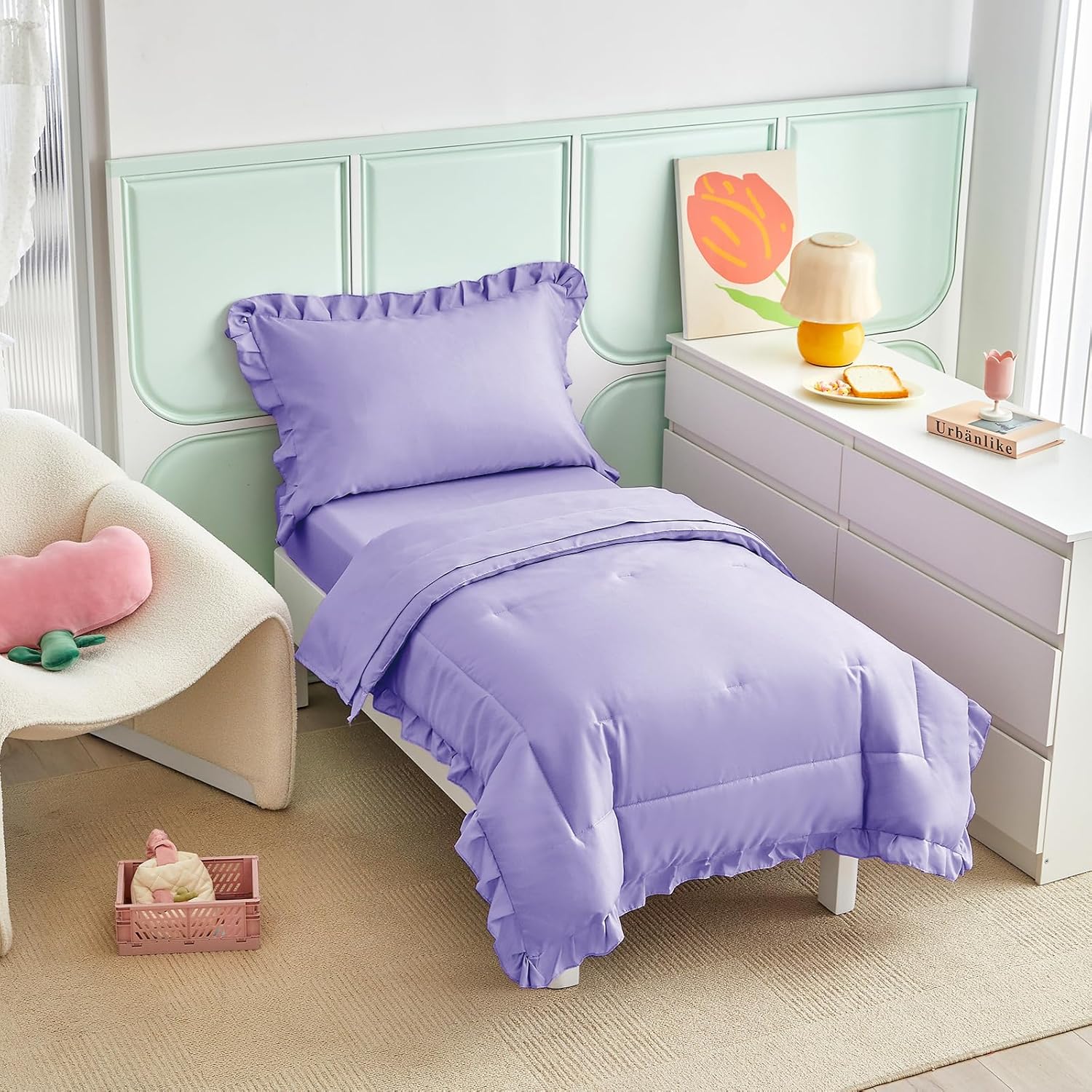 4 Pieces Purple Toddler Bedding Set with Ruffle Fringe, Solid Color Toddler Bed Set - 1 Toddler Comforter + 1 Fitted Sheet +1 Flat Sheet +1 Pillowcase for Baby Boys and Girls