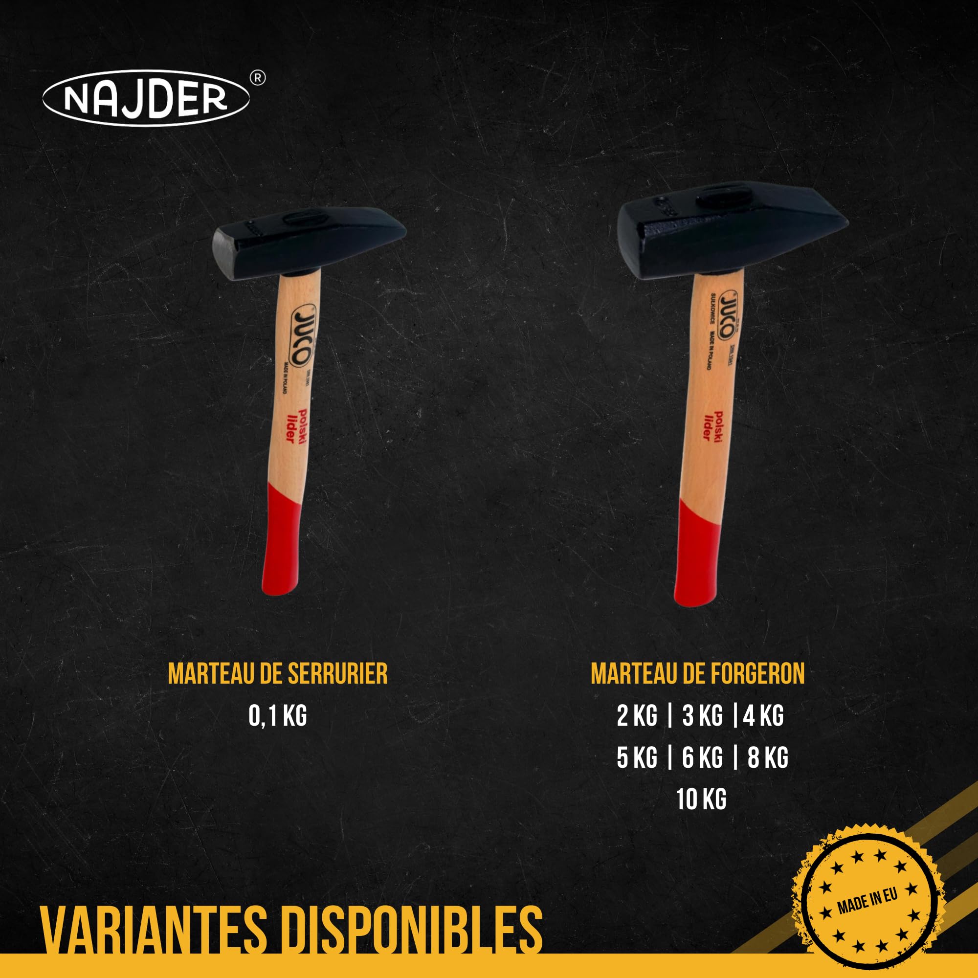 NAJDER Marteau de Forgeron 4 kg JUCO Ingénieur Menuisier Mécanicien Serrurier Professionnel, Manche en Bois de Hêtre, DIN 1042, Multifonctionnel, Pour Bricolage, Construction