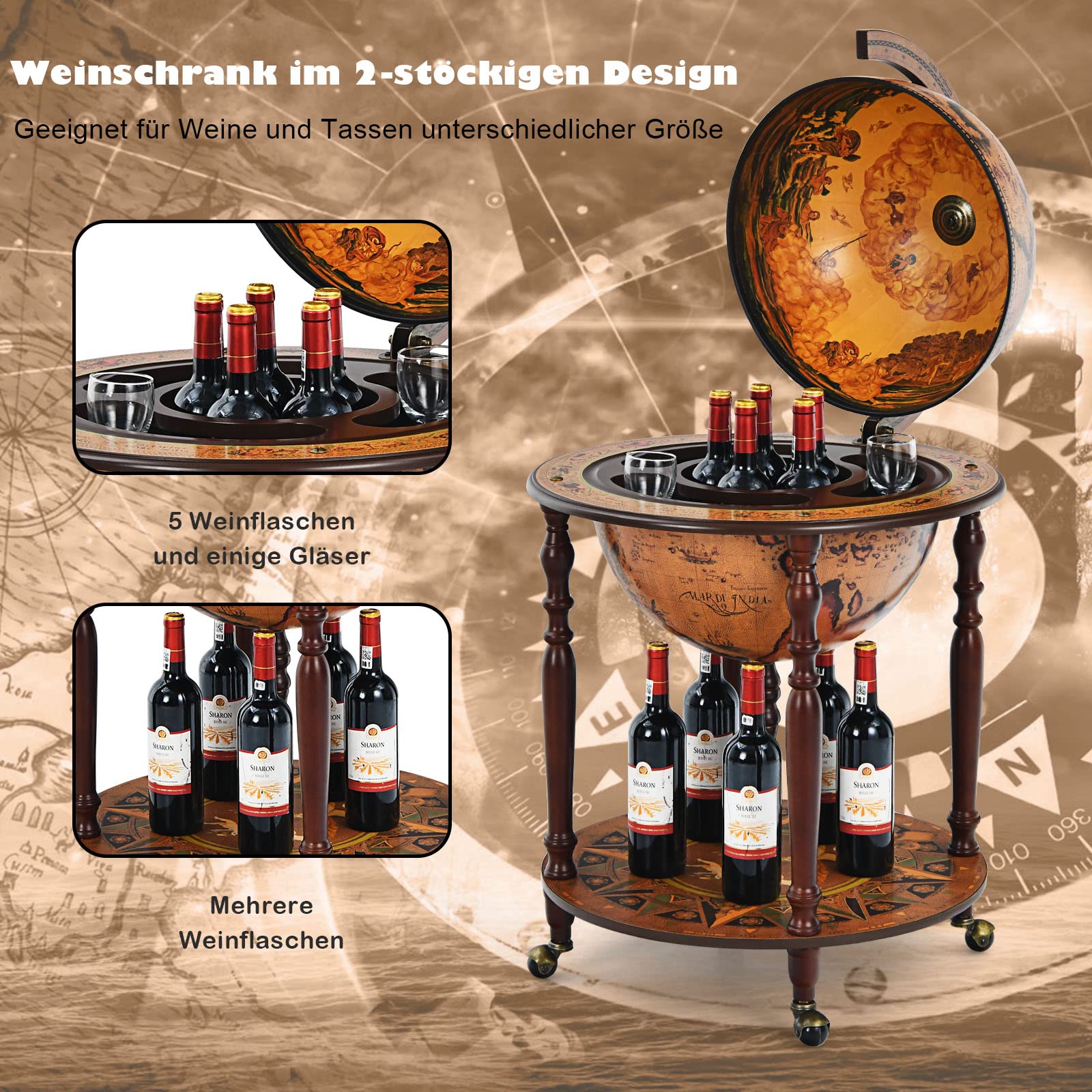 COSTWAY Globusbar Barschrank, Barwagen mit Rollen & Deckel, Hausbar Servicewagen Weltkugel,  Globus Weinregal Weinschrank für Flaschen, Tischbar Minibar für Küche Wohnzimmer Esszimmer