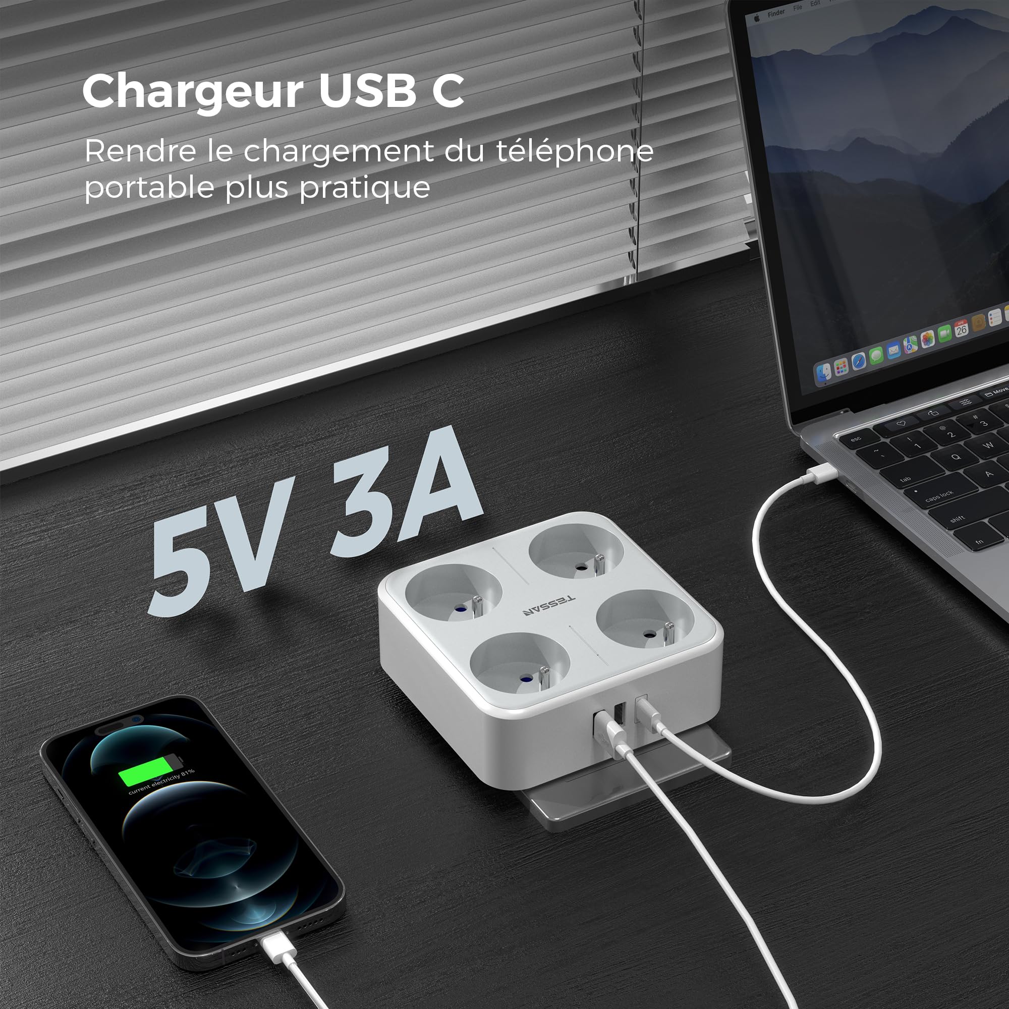 TESSAN Multiprise Murale Française avec 4 Sortie AC et 3 Ports USB, 7 en 1 Prise Électrique 4000W avec Interrupteur, Secteur USB C Gris Convient pour Domicile, Bureau, Compatible pour Phone, Pad