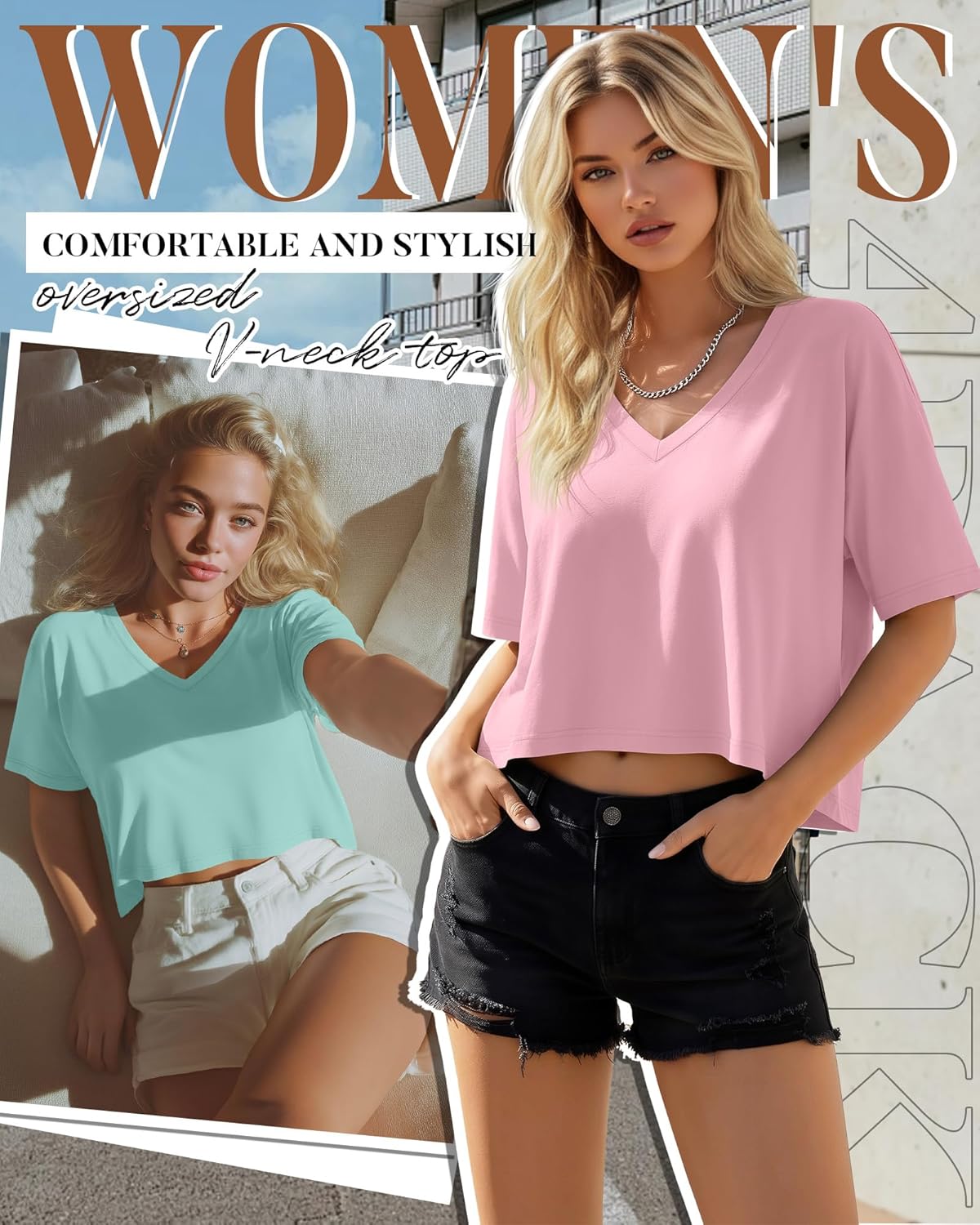 Neer 4 Pack Women's Oversized Crop T Shirts Summer V Neck Short Sleeve Tops Irregular Hem Baggy Top