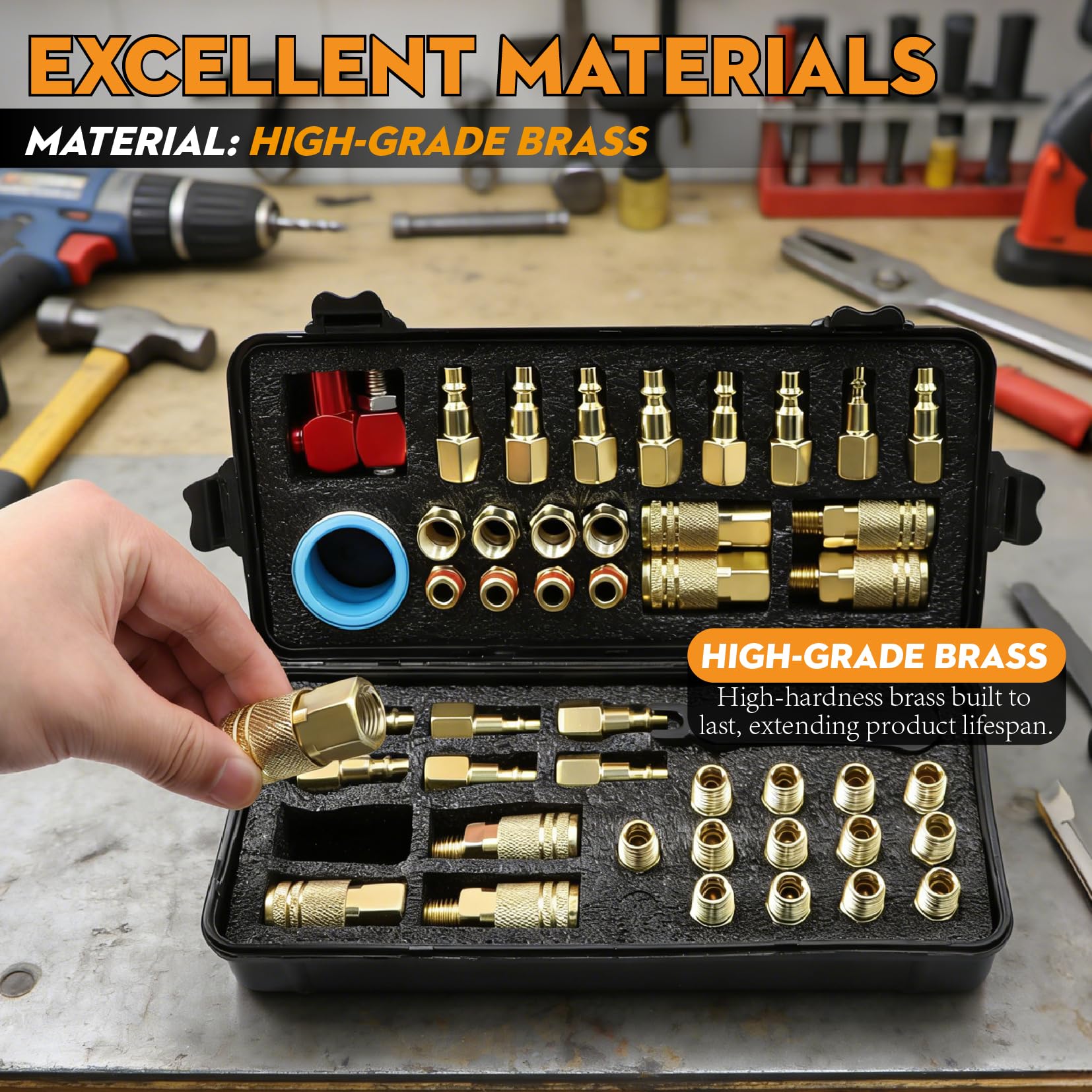 Juego de 48 accesorios de aire de conexión rápida de latón NPT de 1/4 pulgadas, juego de acopladores y tapones neumáticos de grado industrial con sellos NBR y cinta de teflón, 300 PSI, resistente a la