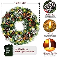 Vista 3 de Corona de Navidad, coronas de Navidad artificiales preiluminadas de 18 pulgadas para puerta delantera con piñas, bayas, corona de Navidad con luces