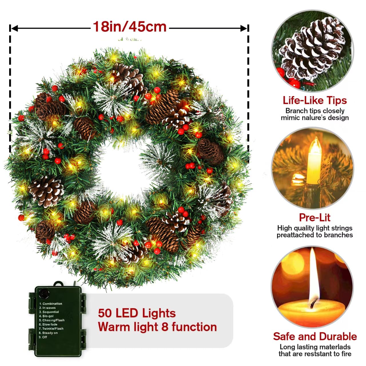Amazon.co.jp: クリスマスリース、ライト付き人工18インチクリスマス