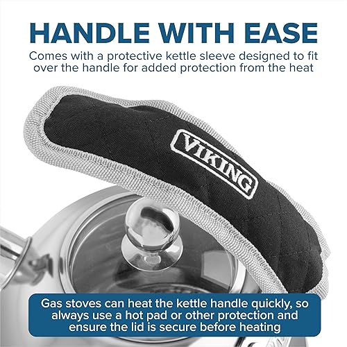 Miniatura 3 de Viking Tetera de acero inoxidable de 3 capas, 2.6 cuartos de galón, tetera de agua caliente silbante para estufa, tapa de vidrio templado y mango