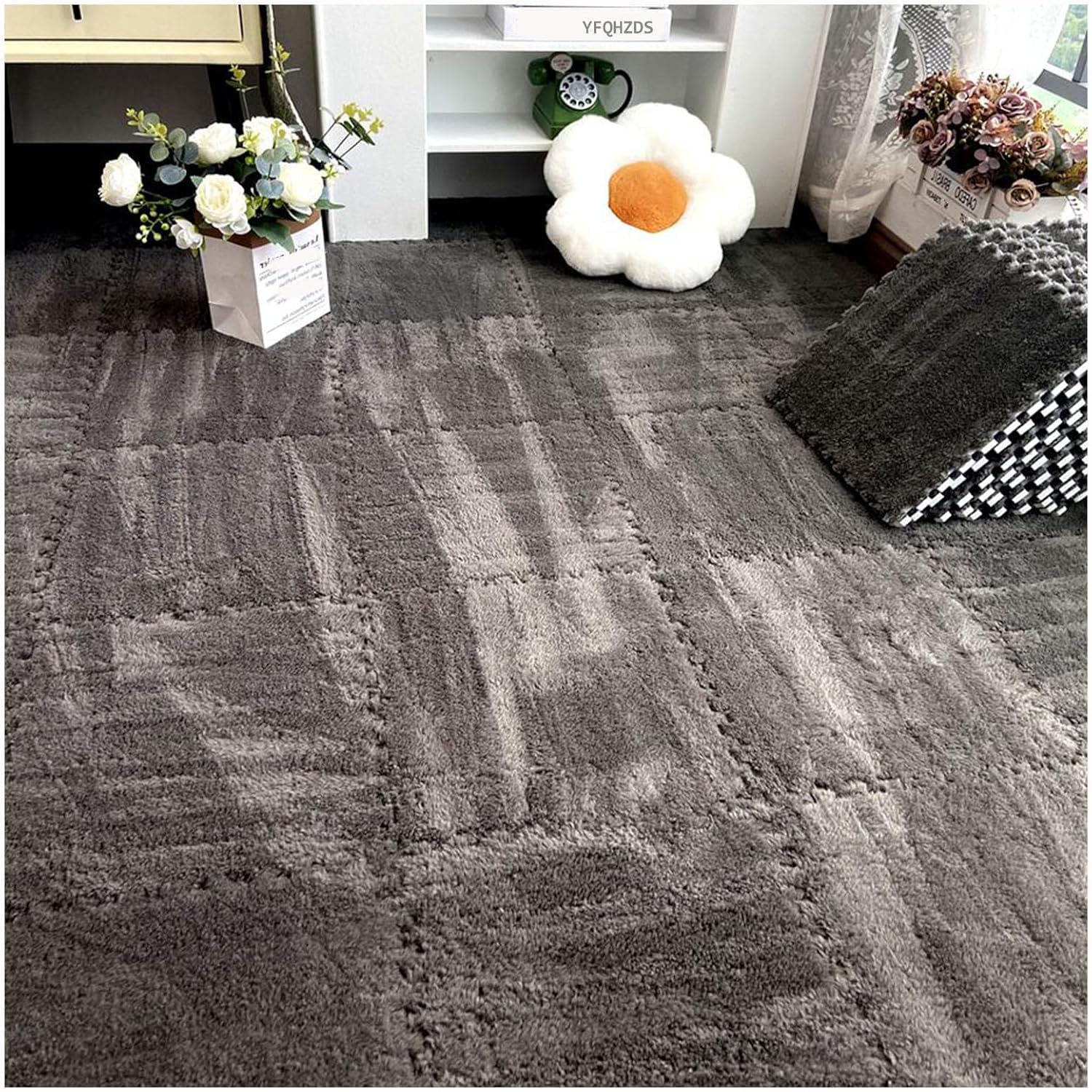 JvFbjLF Soft Plush Interlocking Floor Mats 12x12inch Puzzle Carpet Squares Fluffy Foam Floor Tiles With Border(Grey)