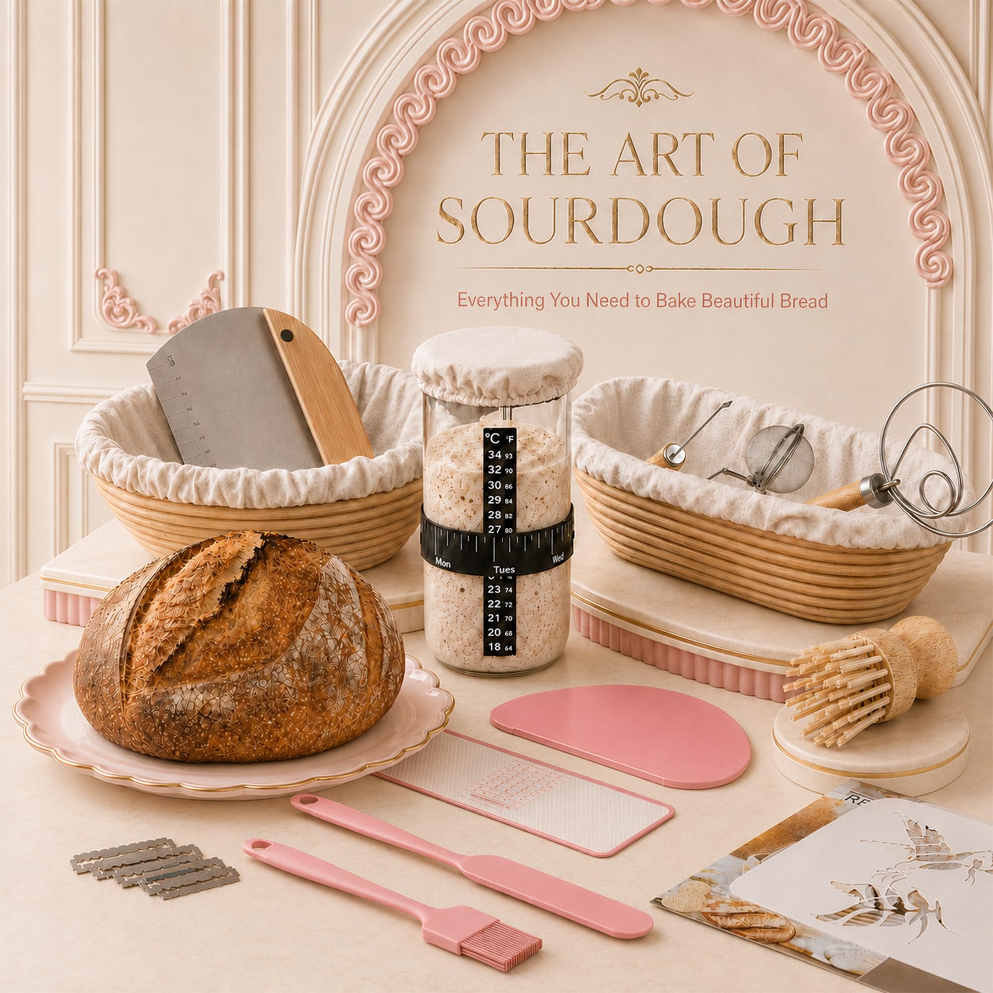 Kit per principianti con cestini rotondi e ovali in rattan | Kit per la preparazione del pane da 38 pezzi con barattolo, fionda per il pane, frusta, raschietto e strumenti da forno, rosa