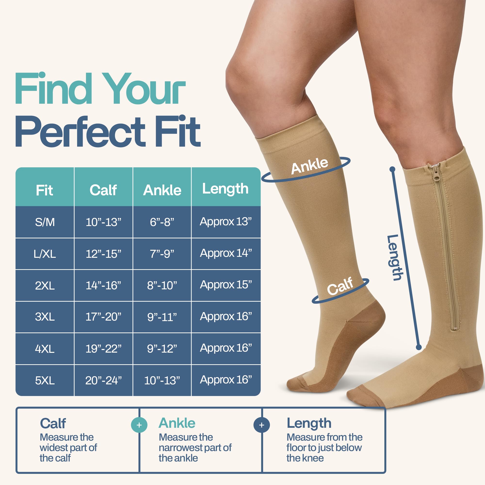 Calcetines de compresión con cremallera para hombres y mujeres, 20-30 mmHg, medias de compresión graduadas con cremallera, Beige/cobre, XXL