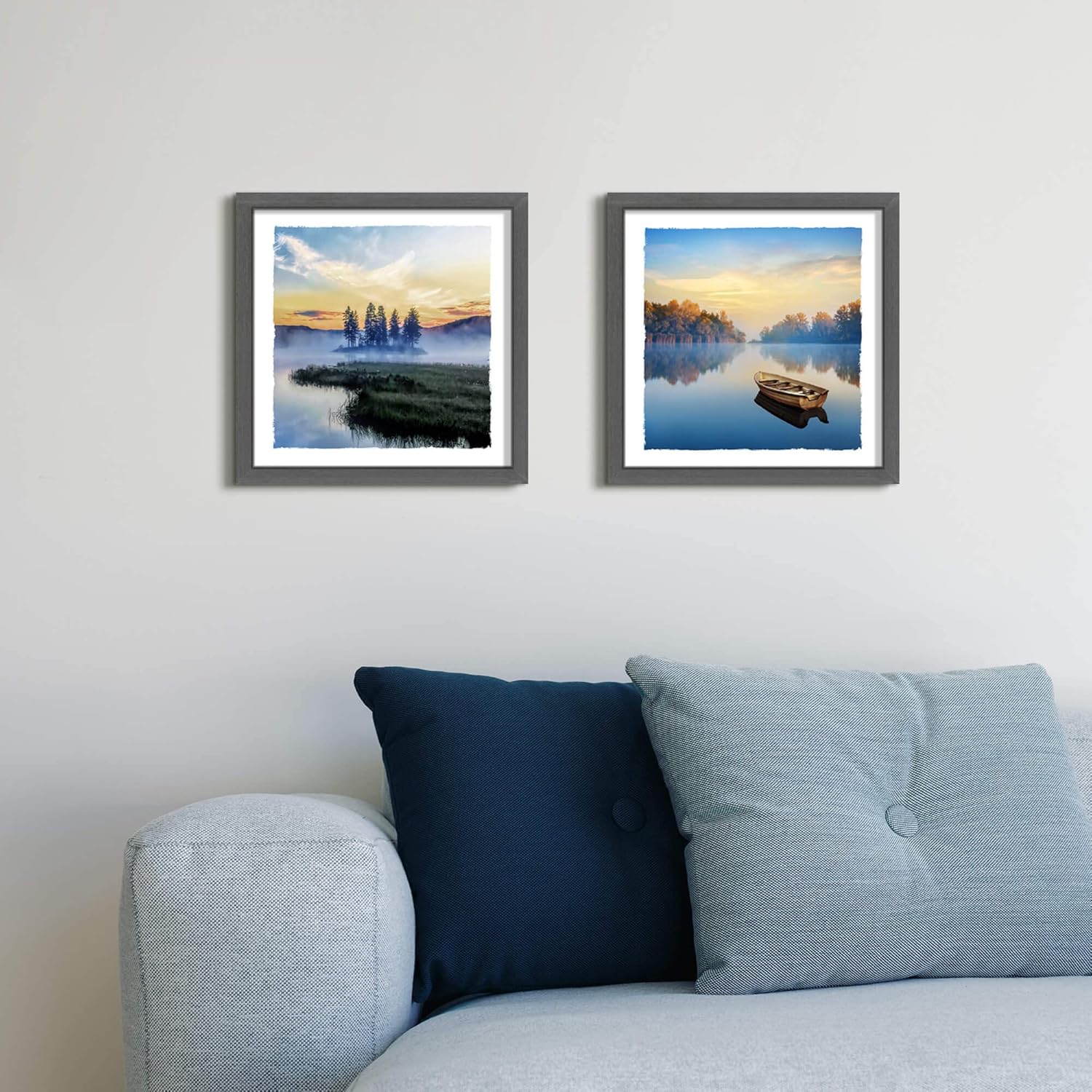 Lake Landscape Framed Wall Art: Modern Wilderness Boat Tree Scenery Foggy Mountain Picture Natural Sunset Sunrise Artwork Print Painting for Bedroom Living Room Bathroom Office