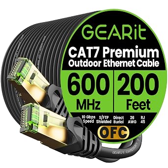 GEARit Cat7 Outdoor Ethernet Cable 200ft SFTP Shielded Foil Twisted Pair, Pure Copper, LLDPE, Waterproof, Direct Burial, In-Ground, UV Resistant, POE, Network, LAN, Internet, Cat 7-200 Feet