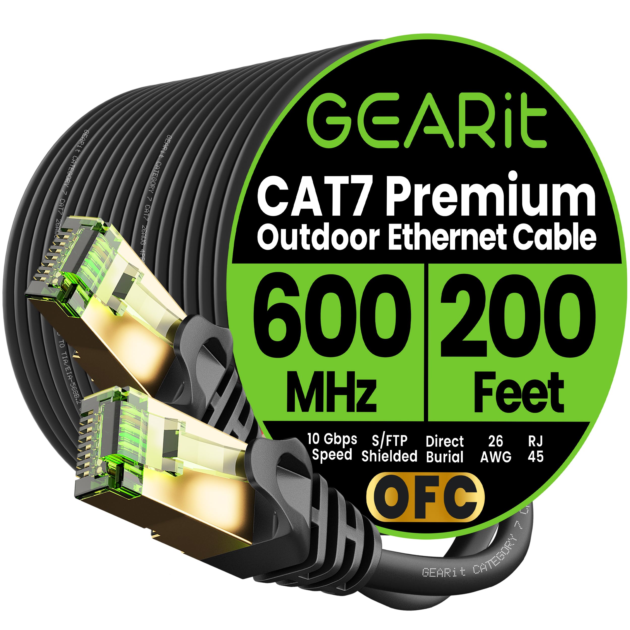GEARit Cat7 Outdoor Ethernet Cable (200ft) SFTP Shielded Foil Twisted Pair, Pure Copper, LLDPE, Waterproof, Direct Burial, In-Ground, UV Resistant, POE, Network, LAN, Internet, Cat 7-200 Feet