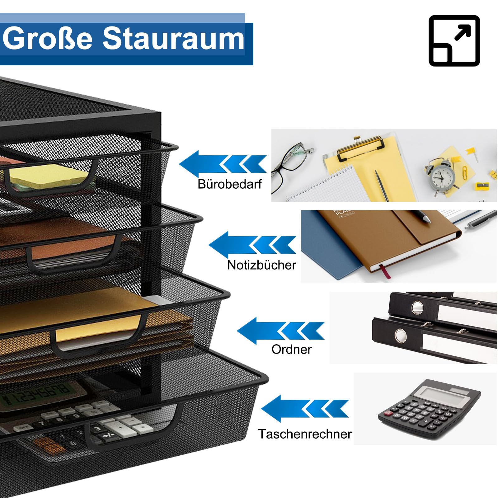 PUNCIA A4 Schubladenbox 4 Schubfächer Dokumentenablage Metall Briefablage | Ablagefächer mit Schubladen Schreibtisch Organizer Ablagesystem Papiersortierer für Dokumenten Papier Büro Schule Schwarz