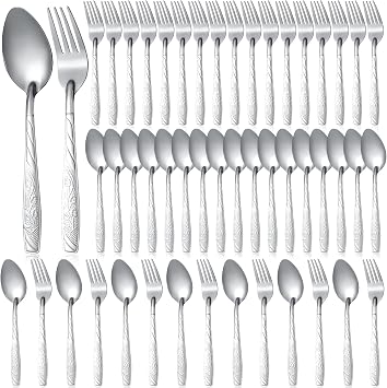 50 Pcs Forks and Spoons Silverware Set Stainless Steel Flatware Cutlery Set Heavy Duty Metal Spoons and Forks for Kitchen Utensil Dinner Restaurant Home, Mirror Polished, Dishwasher SafeFlower