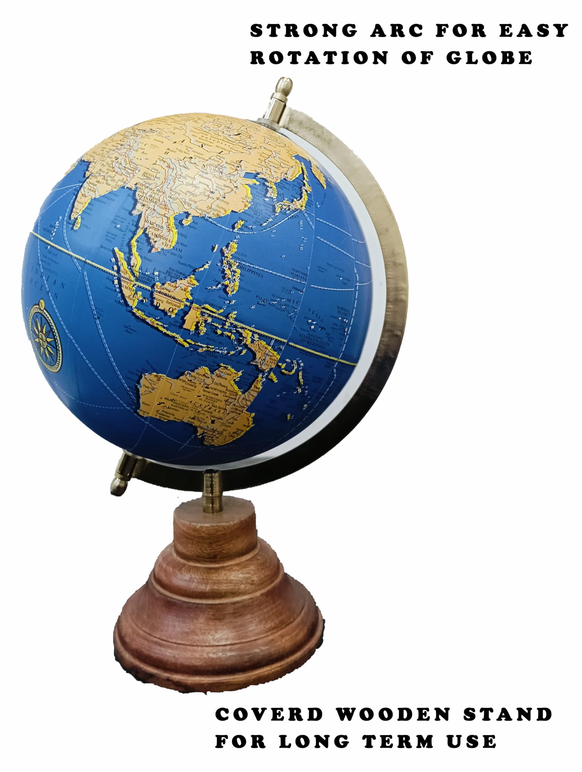 GLOBE DADDY Rotating World Globe 8 Inch with Gold Arc and Wooden Stand for Show pieces for Home Décor, Office Decor and Decorations items,Study Table decor Items, Birthday, Party Gifts and Aniversary. 1