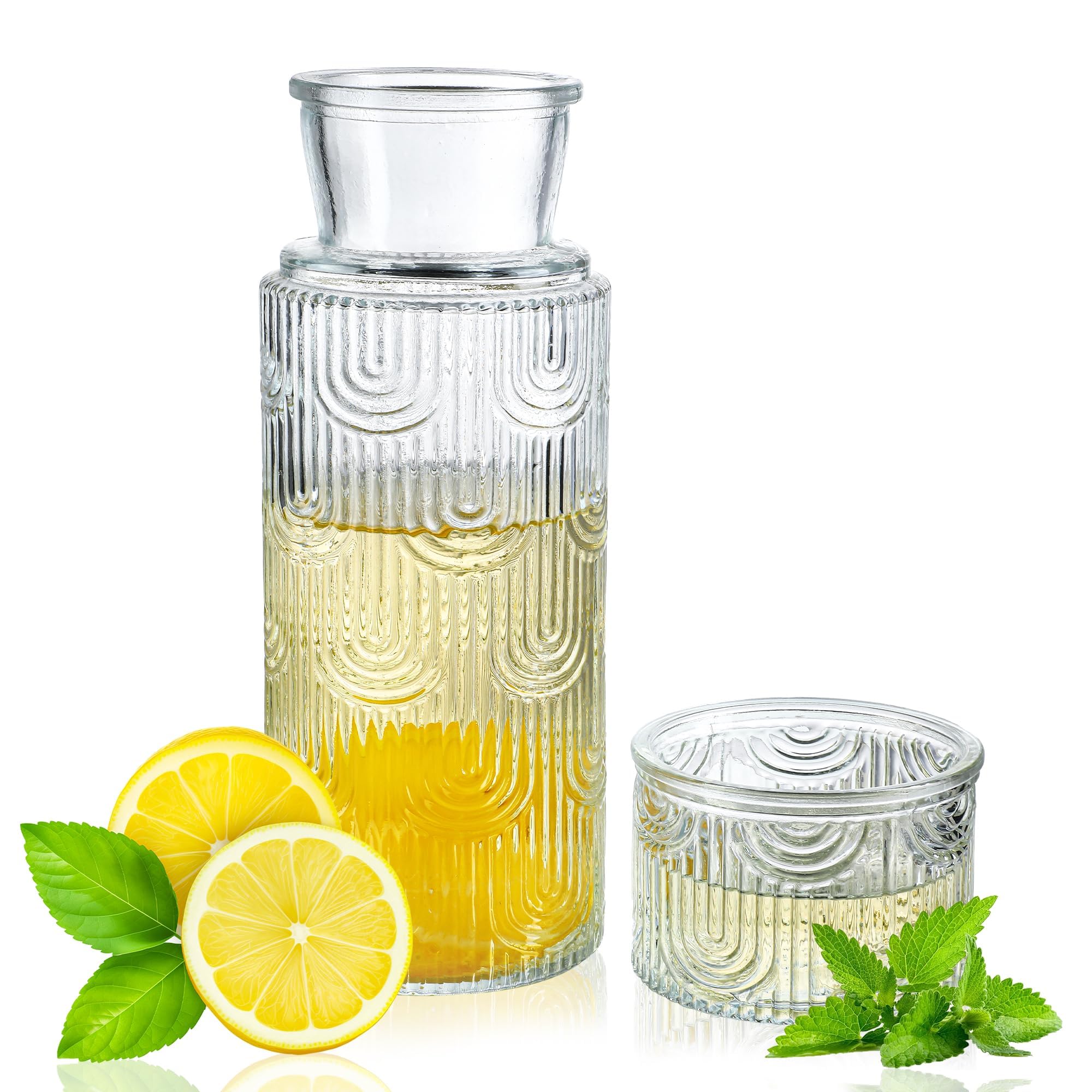 kanpura Nachttisch-Wasserkaraffe und Glas-Set, 800 ml, Glaskrug und 184 ml, Vintage-Wasserkrug aus Glas, Wasserkrug für Nachttisch, Küche, Mundspülbehälter für Badezimmer (transparent)