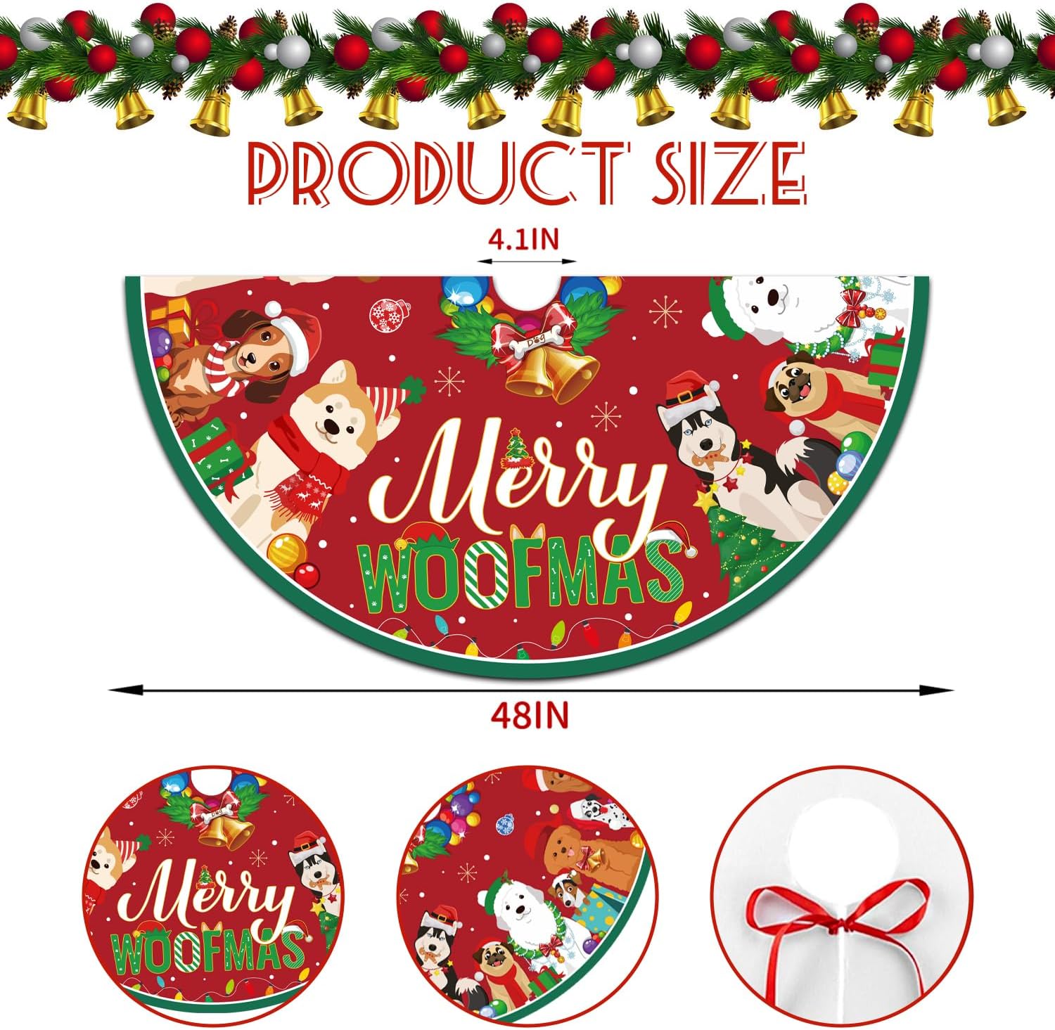Dog Christmas Decorations Tree Skirt 48inch Cute Xmas Merry Woofmas Tree Decorations Red Dog Bell Pattern Christmas Party Tree Decor for Home