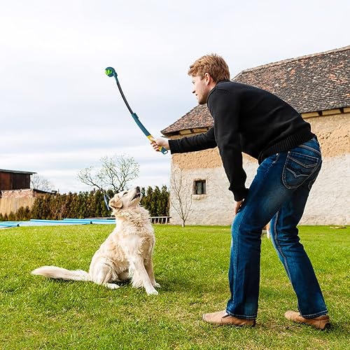 Miniatura 7 de Lanzador de bolas para perros con 3 bolas de juguete masticables, lanzador de bolas elástico para perros pequeños, medianos y grandes, juguetes