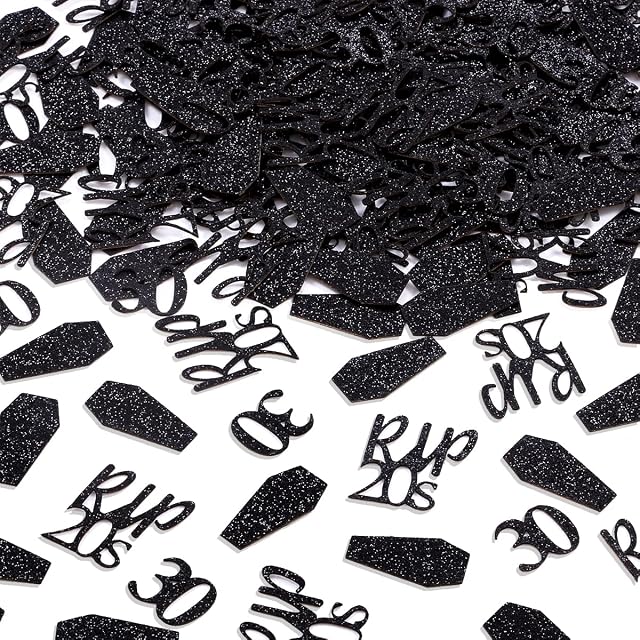 Black 30th Birthday Decorations, 200 Pcs 30th Birthday Confetti for Table, Glitter Rip 20s Confetti, Tombstone Confetti, Funeral for My Youth Decorations, Death To My 20s Party Supplies