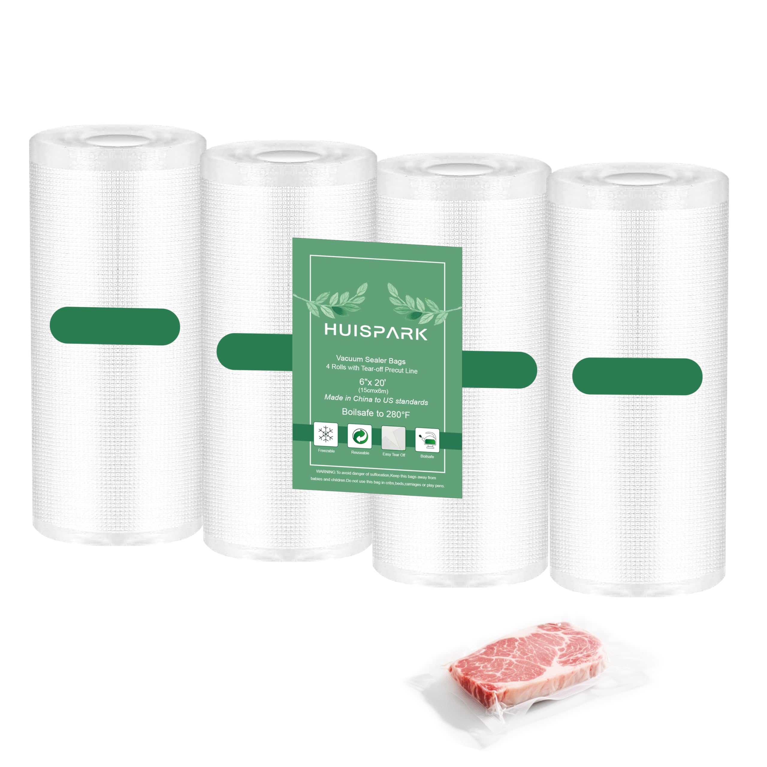 Pre-Cut Perforated Vacuum Sealer Bags Rolls 6x8 Inch,Heavy-Duty Vacuum Sealer Roll Bags 4 Rolls 120 Tear Off Bags,Easy-Tear Food Grade Storage Bags for Sous Vide, Freezer &amp; Meat (BPA Free)