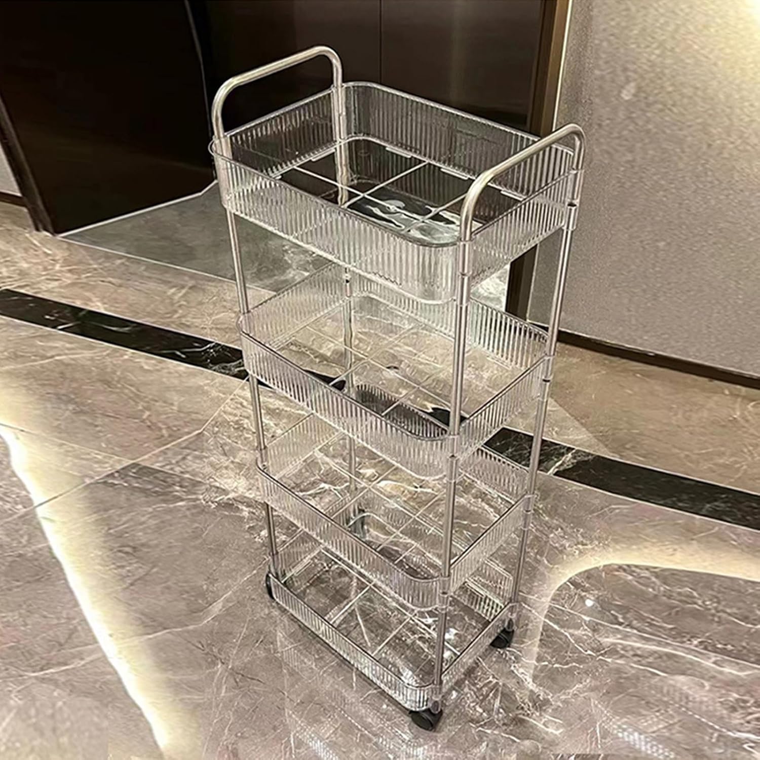 Acrylic Storage Trolley with Handle and Basket Kitchen Bathroom Utility Rolling Cart Rack Mobile Organization Shelves,4 Tiers